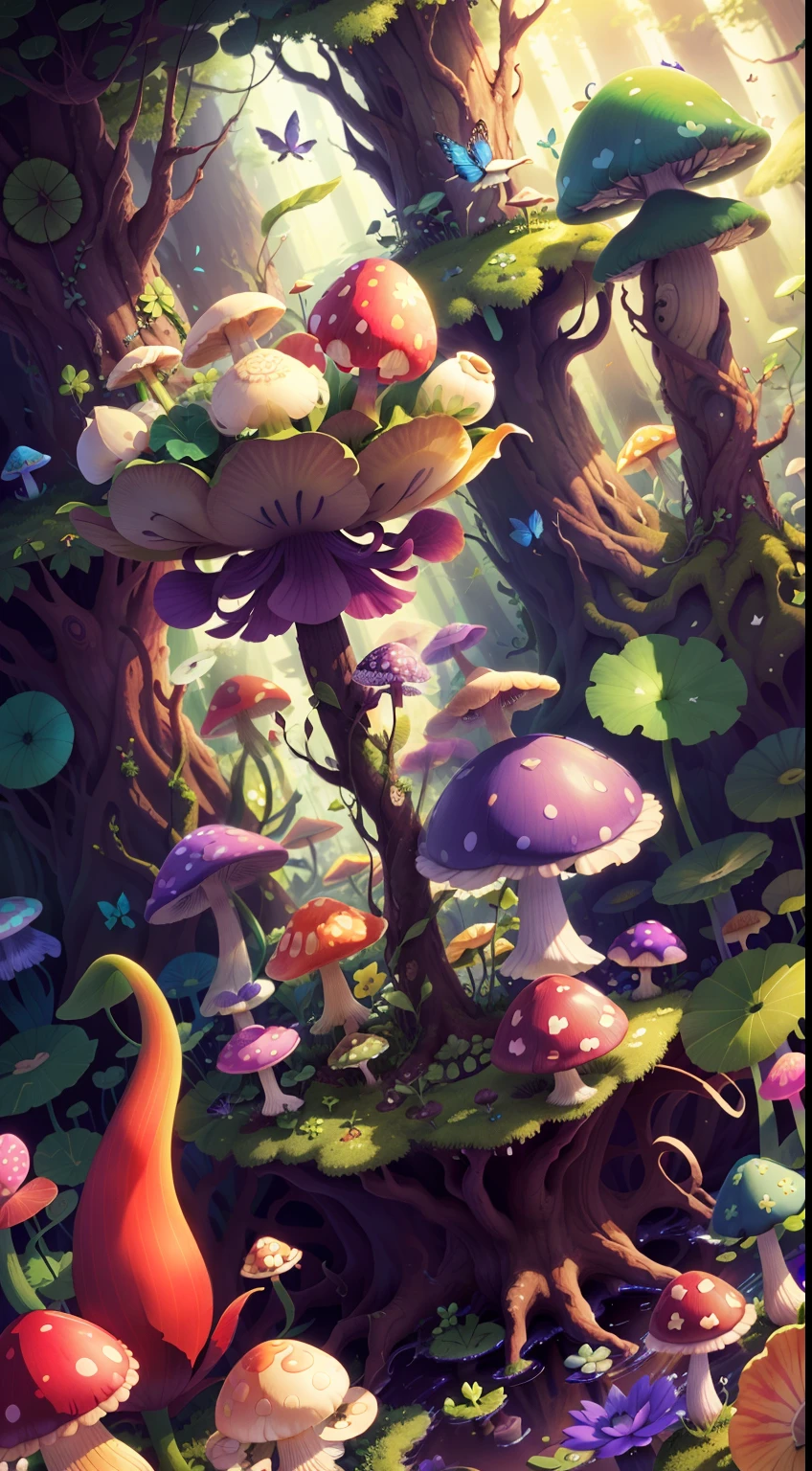 Mushroom forest with glass goblet,s fractal art,morning glory,butterflys,lotuses,four-leaf clover,morning glory,Cyber Mushroom Forest,Ultra-detailed digital fantasy art。Mushrooms are everywhere in the picture,The unique mushroom shape creates a magical casa scene