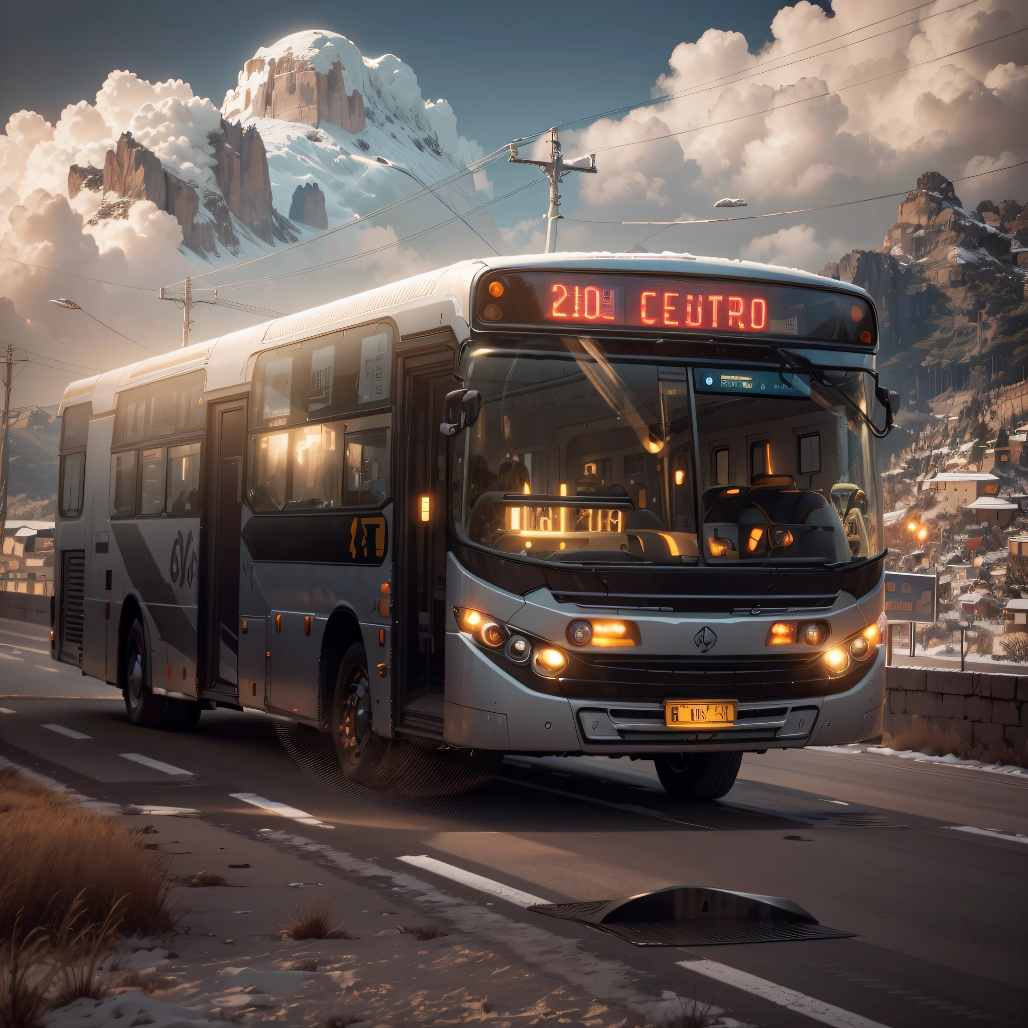 futuristic bus, montanhas de gelo de fundo, frio, freezing, Castelos de gelo, estradas, gelo reflexivo, Post modern, detalhes intrincados, Magnificent, cinemactic, high resolution, 4k,