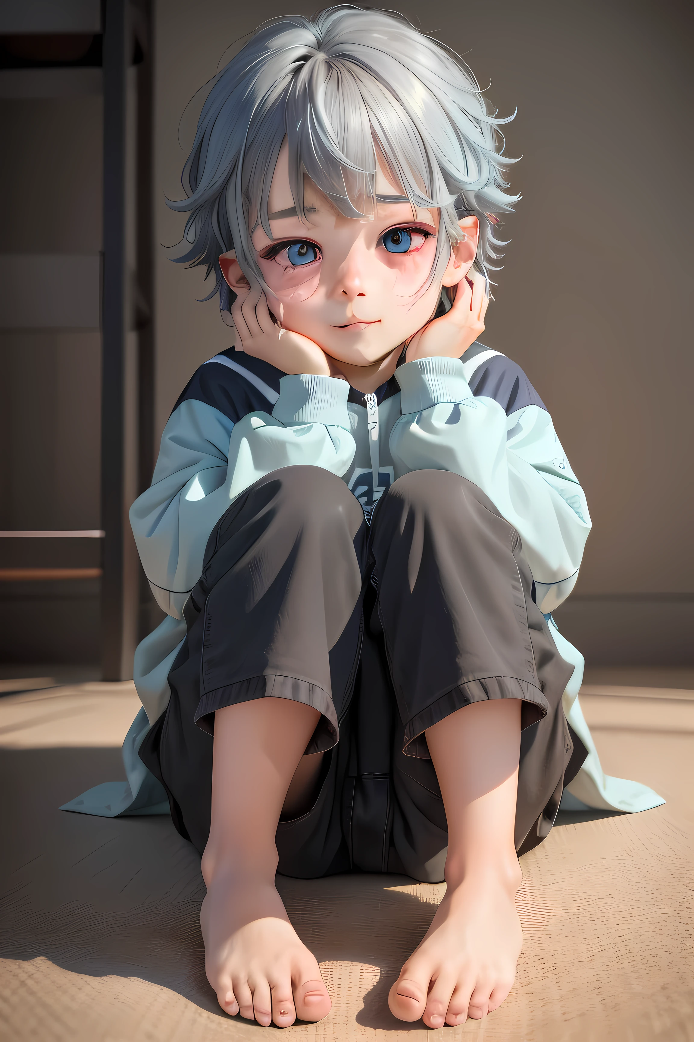 (1boy),(Shota),(high-definition quality,Masterpiece level),cute character,Dark gray hair,blue colored eyes,(younge boy),(ears covered),(hair covered ears),A pinch of blue bangs,Whole body diagram,chubby face,The barefoot,cute feet,ssmile,soles of feet