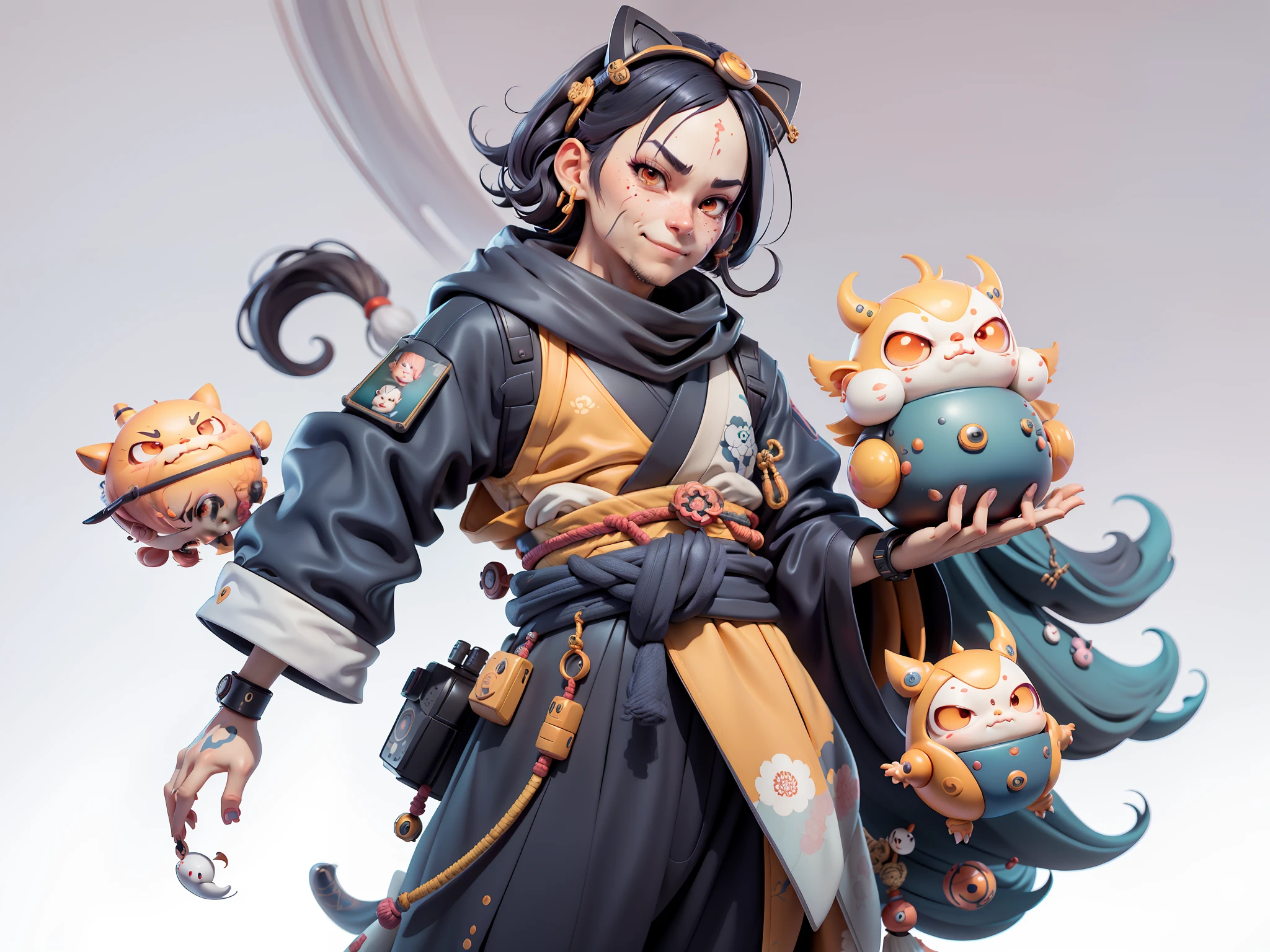 (Daisaku),(Need),(Super meticulous),(full bodyesbian:1.2),Japanese ukiyo-e girl，japanese geisha，Beautiful，Oriental dragon，Aeolian Thor，Raised sexy，爆乳，Oriental face，TV Anchor，Bust portrait illustration，Alone，In black suit，a blue tie，The face is slightly chubby，The face was clean，without a beard，Black super short hair，Black eyes，Smile confidently，3C computer sub-products，iPad， iphone，Digital painting，3D character design by Mark Clairen and Pixar and Hayao Miyazaki and Akira Toriyama，The illustration is a high-definition illustration in 4K resolution，With very detailed facial features and cartoon-style visuals。