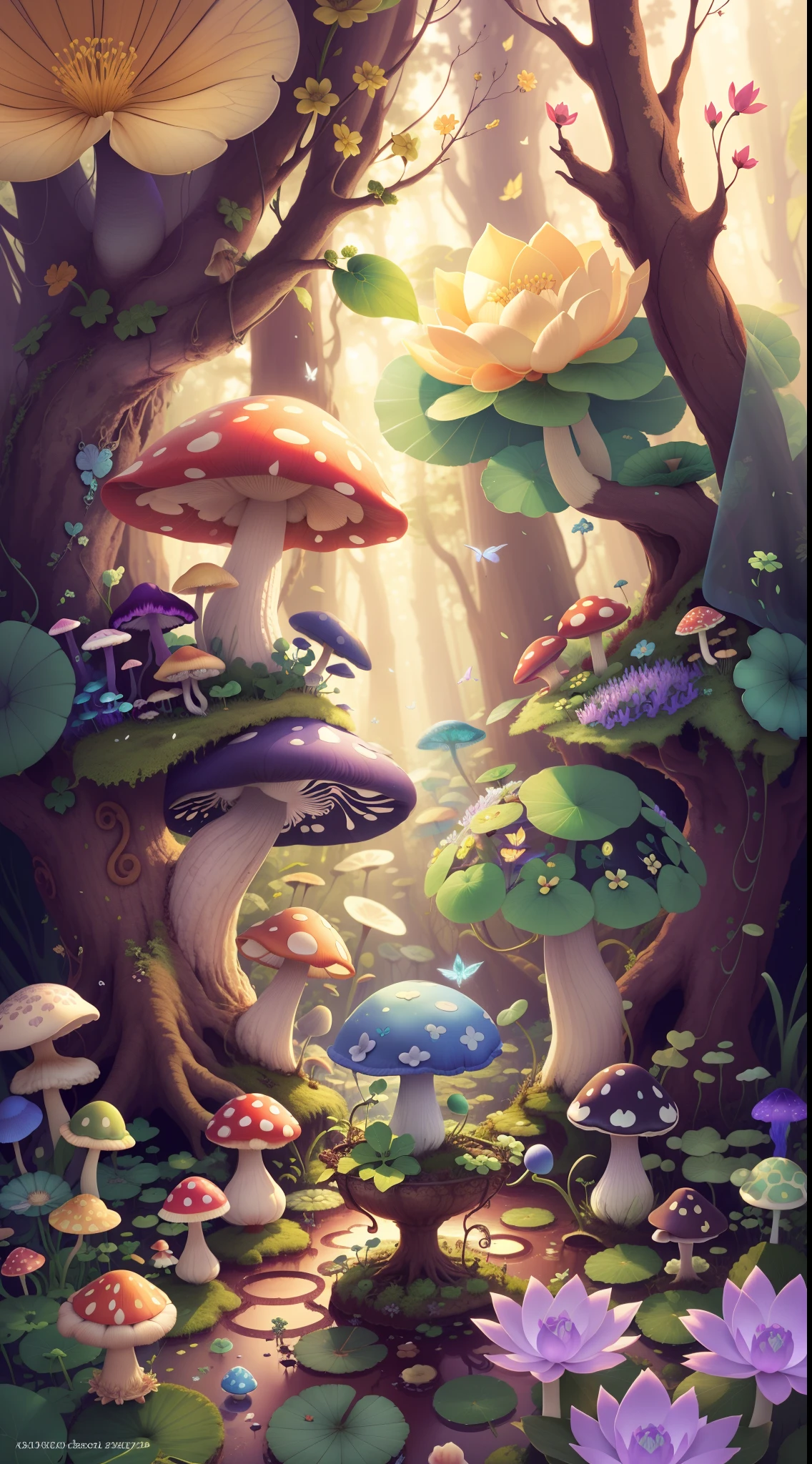 Mushroom forest with glass goblet,s fractal art,morning glory,butterflys,lotuses,four-leaf clover,morning glory,Cyber Mushroom Forest,Ultra-detailed digital fantasy art。Mushrooms are everywhere in the picture,The unique mushroom shape creates a magical casa scene
