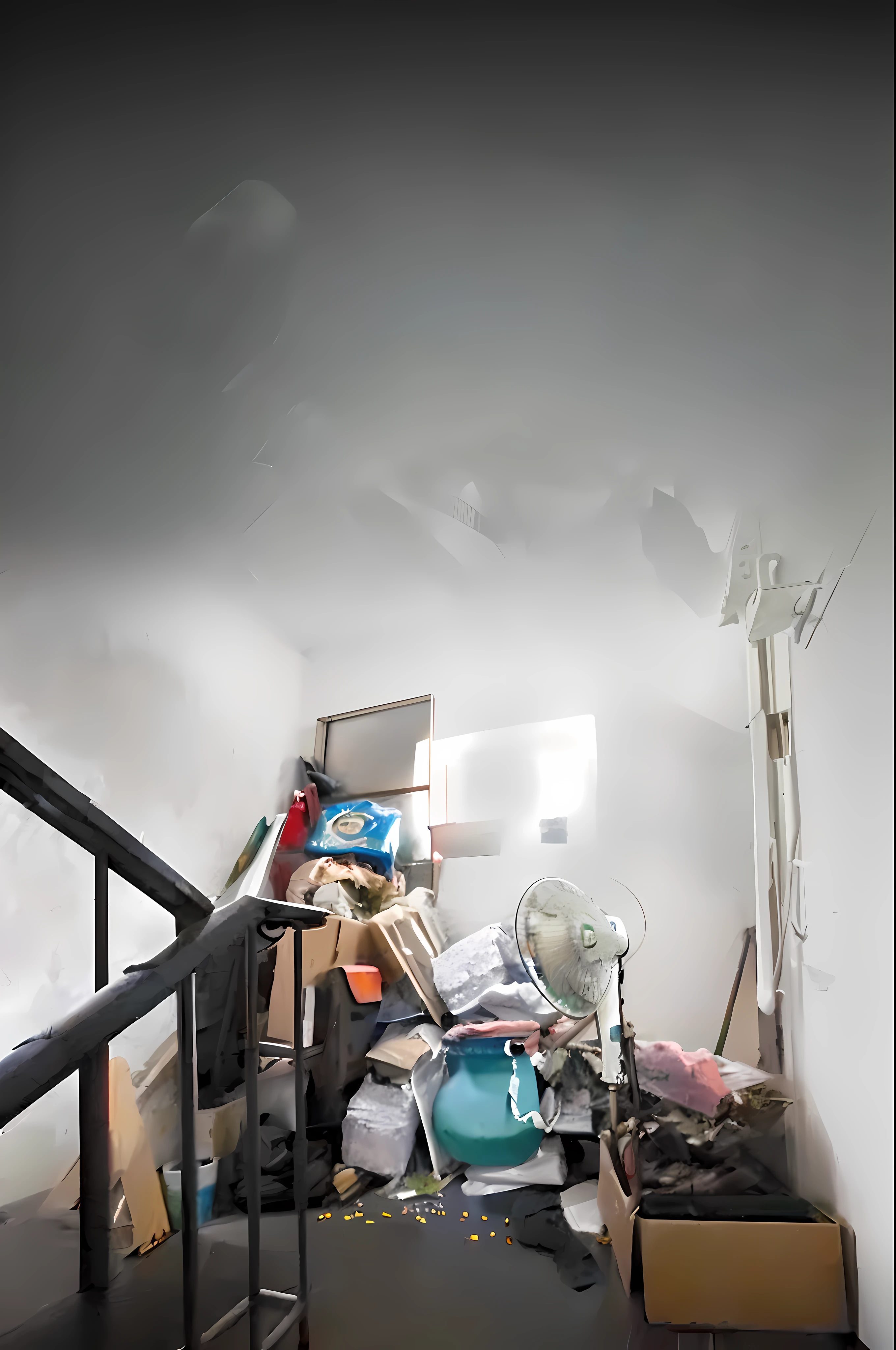 Works of masters，hyperrealistic photo，ultra HD wallpaper，Apartment hallway，Wires on the walls，Stair handrails，the ground，broom，cardboard boxes，Plastic basin((3D super-precise modeling))，Old vertical electric fan（(Ultra-fine close-up)），Get close to the shot，plastic bag，All kinds of waste products（(super exquisite details)），plethora of colors，Scene detail is extreme，lightand shade contrast，Anti-aliasing, Error details are smoothed, RAW photogr, imagem hiperrealista, Unreal Engine 4, 8K, ultra-clear, Detailed colors, Extremely high scene detail, shadowing, Anti – Aliasing, Error details are smoothed, RAW photogr, Surreal Photo, Unreal Engine 4.8K，Super sharp，3D modeling of the straw shed pavilion，Objects with extremely high scene detail，（8K，RAW photos，best qualtiy，tmasterpiece：1.2），（realisticlying，photographrealistic：1.37），Model shooting style，（Very detailed CG unified 8k wallpaper）Trends on ArtStation，Trends on CGSociety，Realistic paintings by Midjourney and the art of Greg Rutkowski，Scene details extreme objects，Error details are smoothed