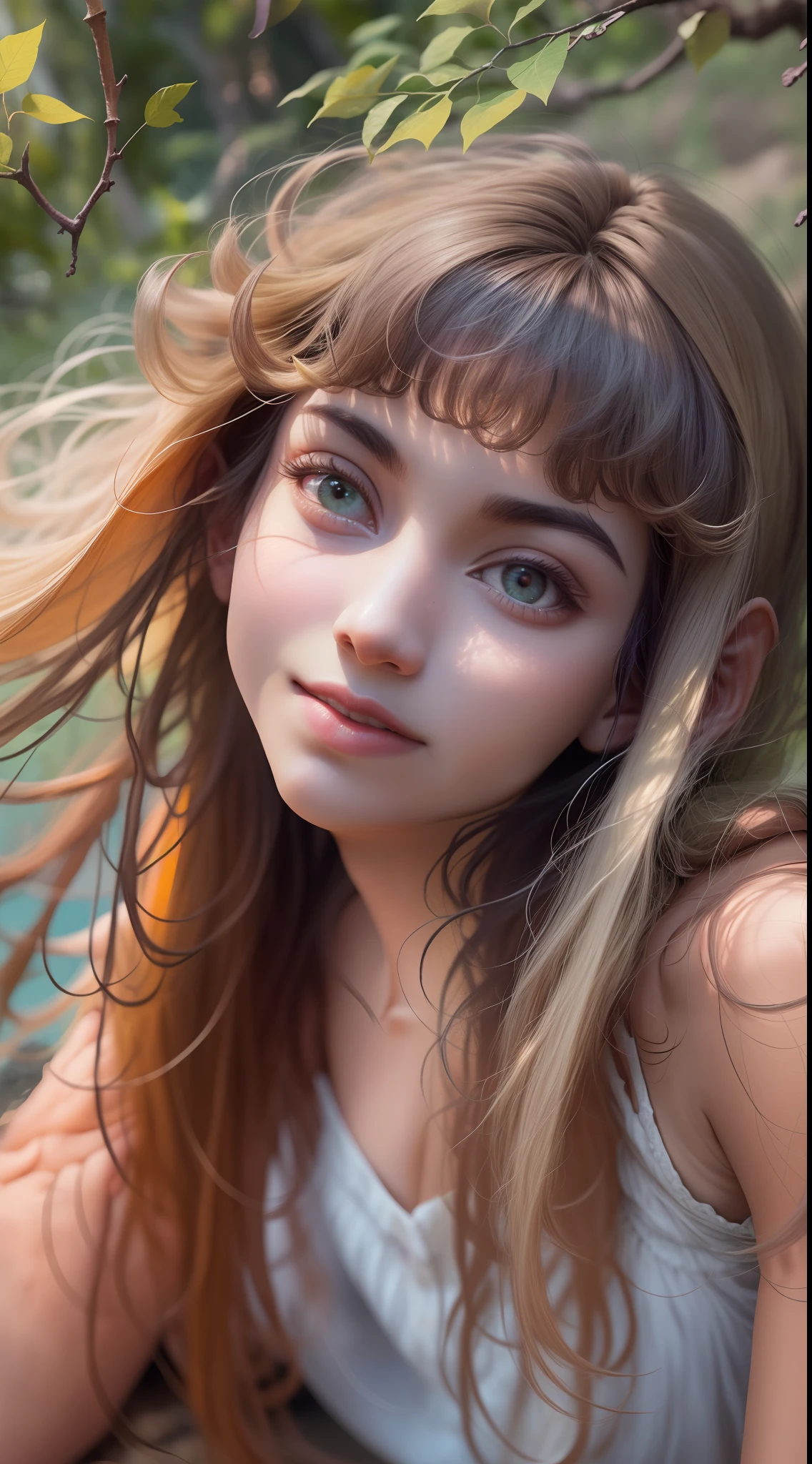 1 garota elfa de cabelos prateados de 18 anos, it came out short,with hands and feet on the ground looking at the camera, Angle Bring, em uma selva cores vibrantes