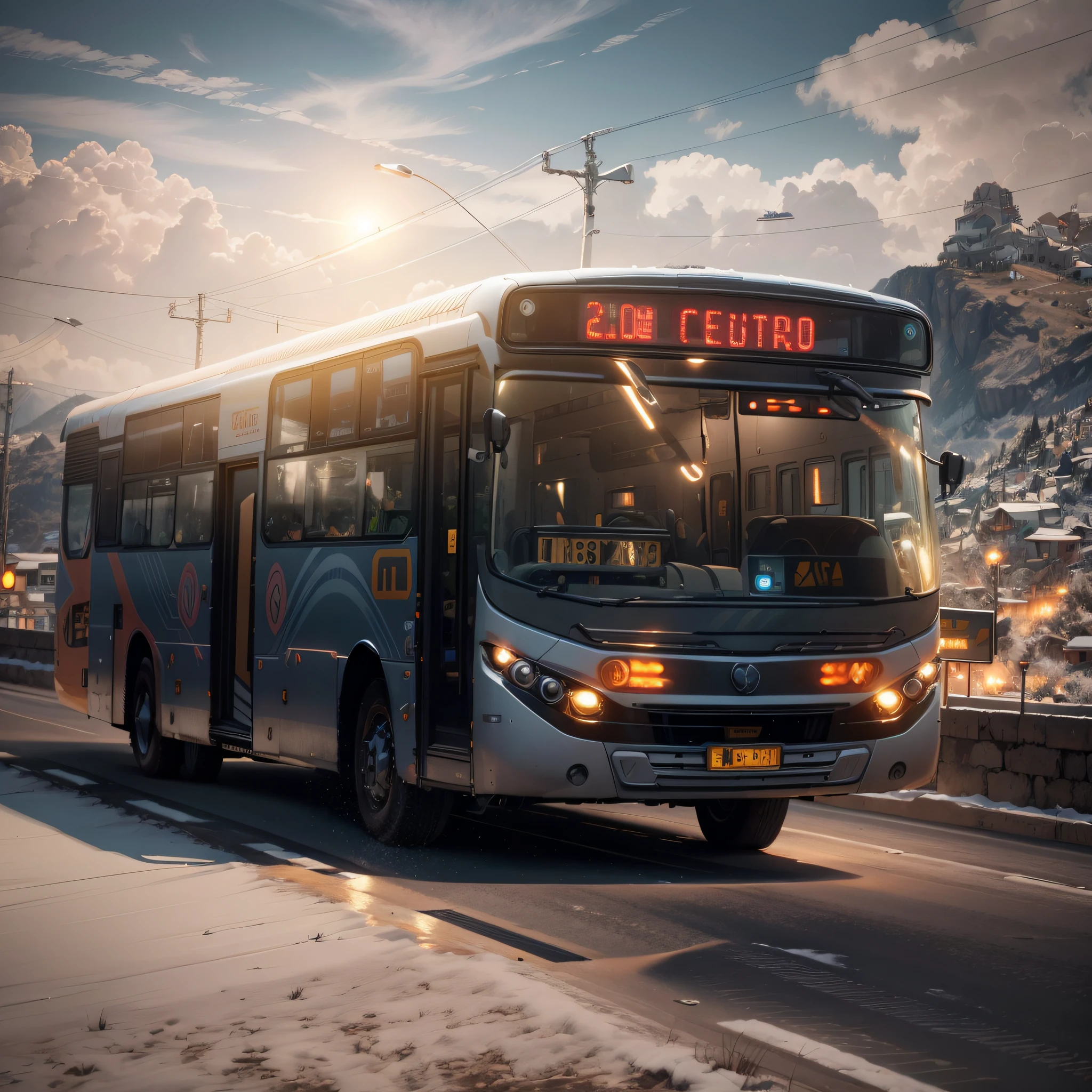 futuristic bus, montanhas de gelo de fundo, frio, freezing, Castelos de gelo, estradas, gelo reflexivo, Post modern, detalhes intrincados, Magnificent, cinemactic, high resolution, 4k,