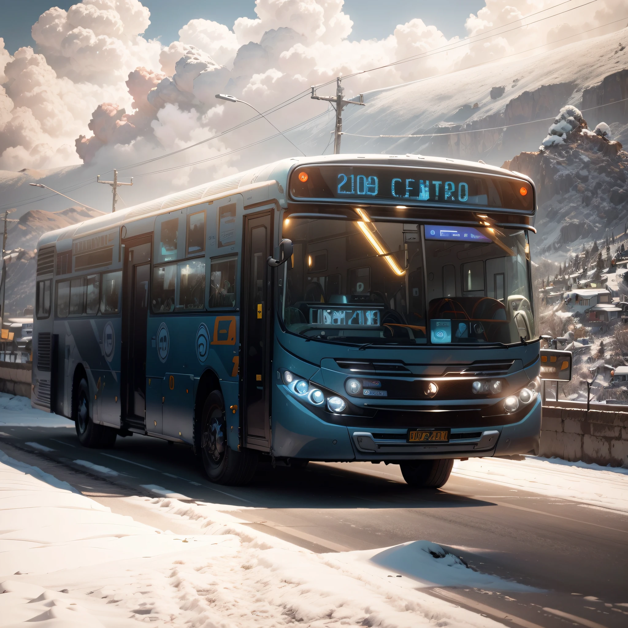 futuristic bus, montanhas de gelo de fundo, frio, freezing, Castelos de gelo, estradas, gelo reflexivo, Post modern, detalhes intrincados, Magnificent, cinemactic, high resolution, 4k,