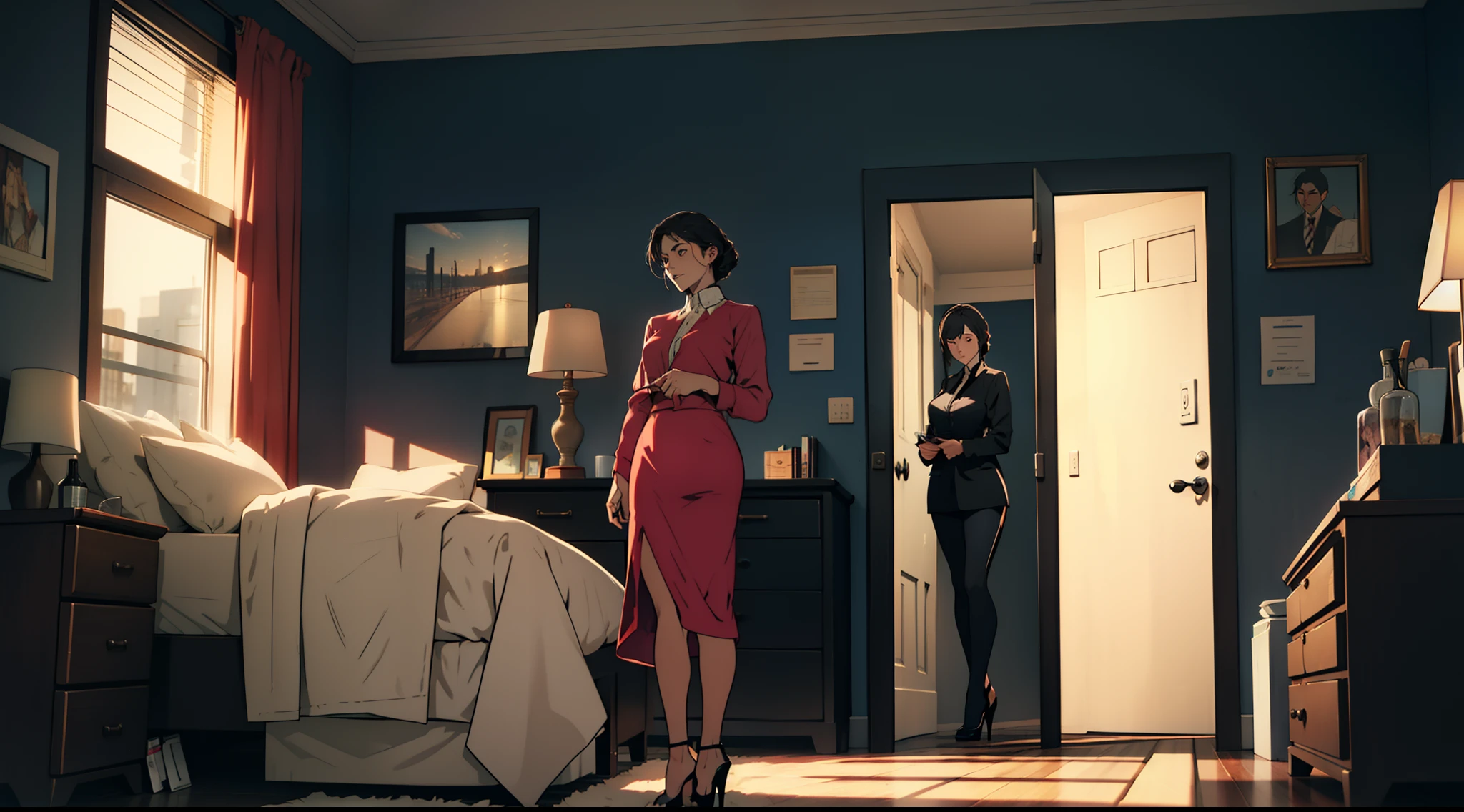 (Jeff looks at the high heels next to the dresser,Then she stood up,The high heels moved),(The phone rang),(The woman answers the phone),(A short conversation about illness and the cancellation of theater plans)