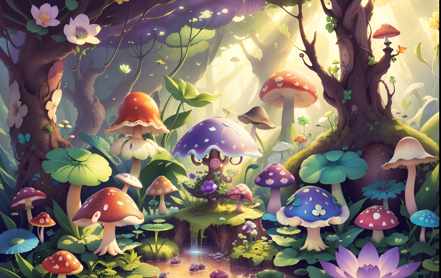 Mushroom forest with glass goblet,s fractal art,morning glory,butterflys,lotuses,four-leaf clover,morning glory,Cyber Mushroom Forest,Ultra-detailed digital fantasy art。Mushrooms are everywhere in the picture,The unique mushroom shape creates a magical casa scene