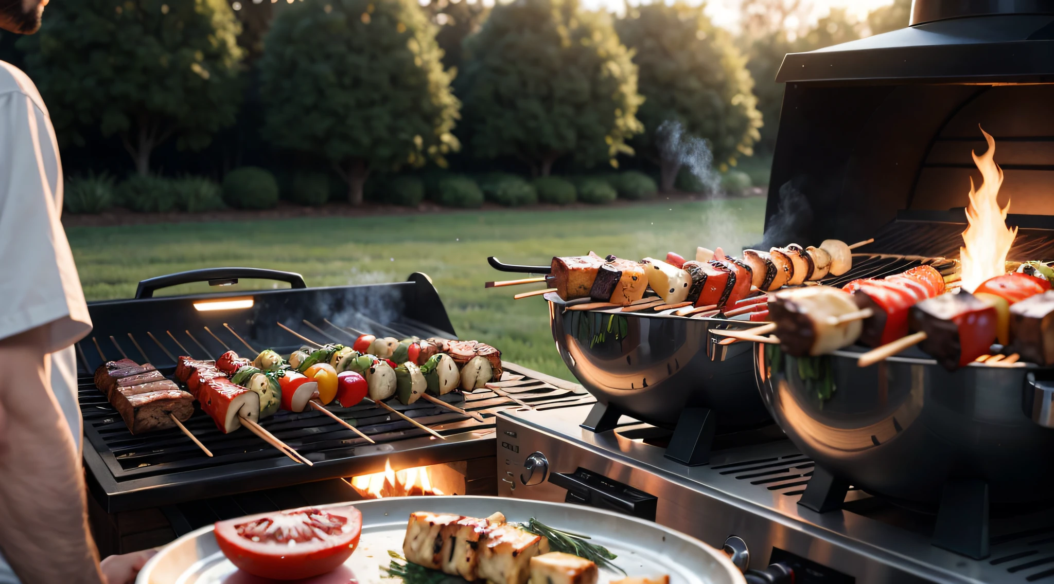 grilling hot kabobs, with herbs, outdoors, clear photo, ultra realistic --auto