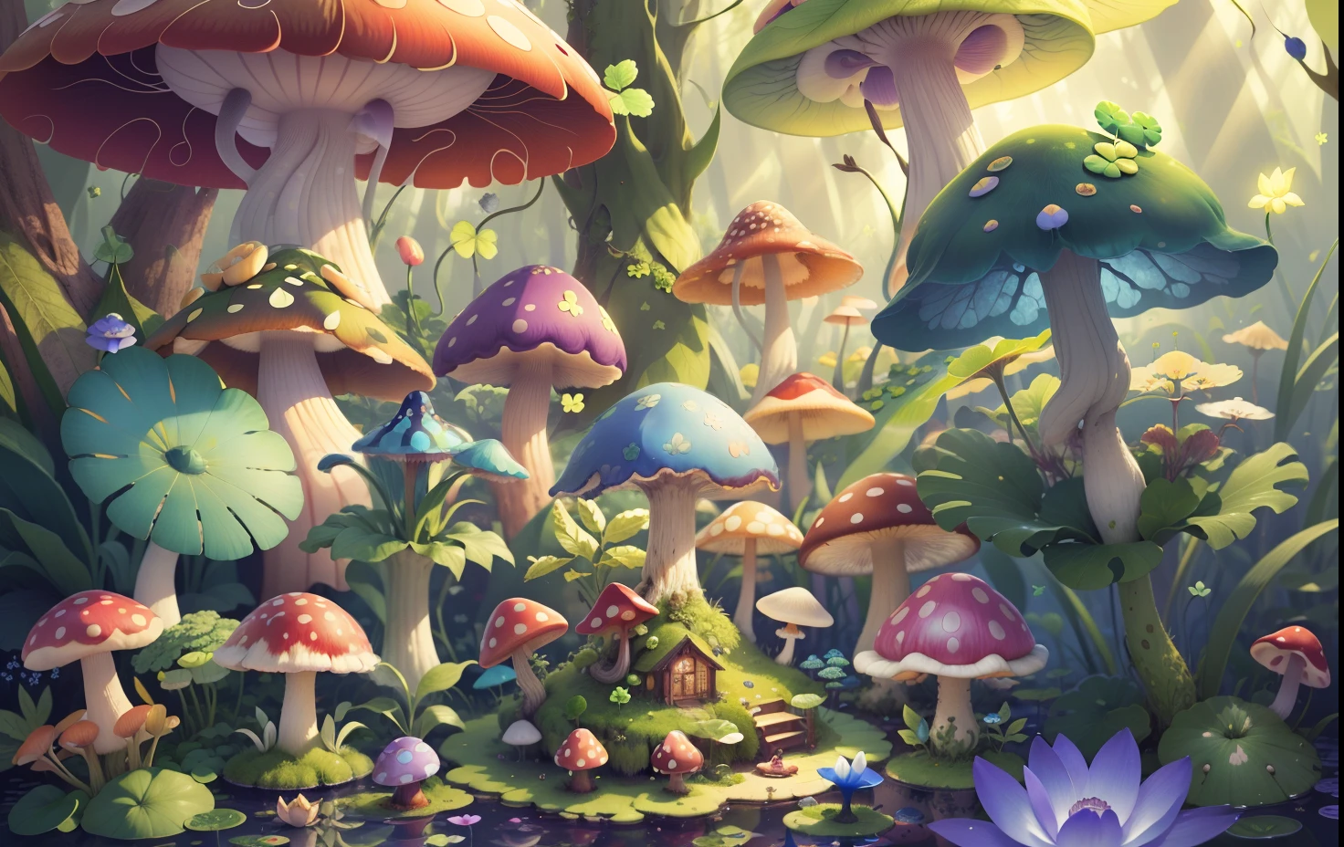 Mushroom forest with glass goblet,s fractal art,morning glory,butterflys,lotuses,four-leaf clover,morning glory,Cyber Mushroom Forest,Ultra-detailed digital fantasy art。Mushrooms are everywhere in the picture,The unique mushroom shape creates a magical casa scene