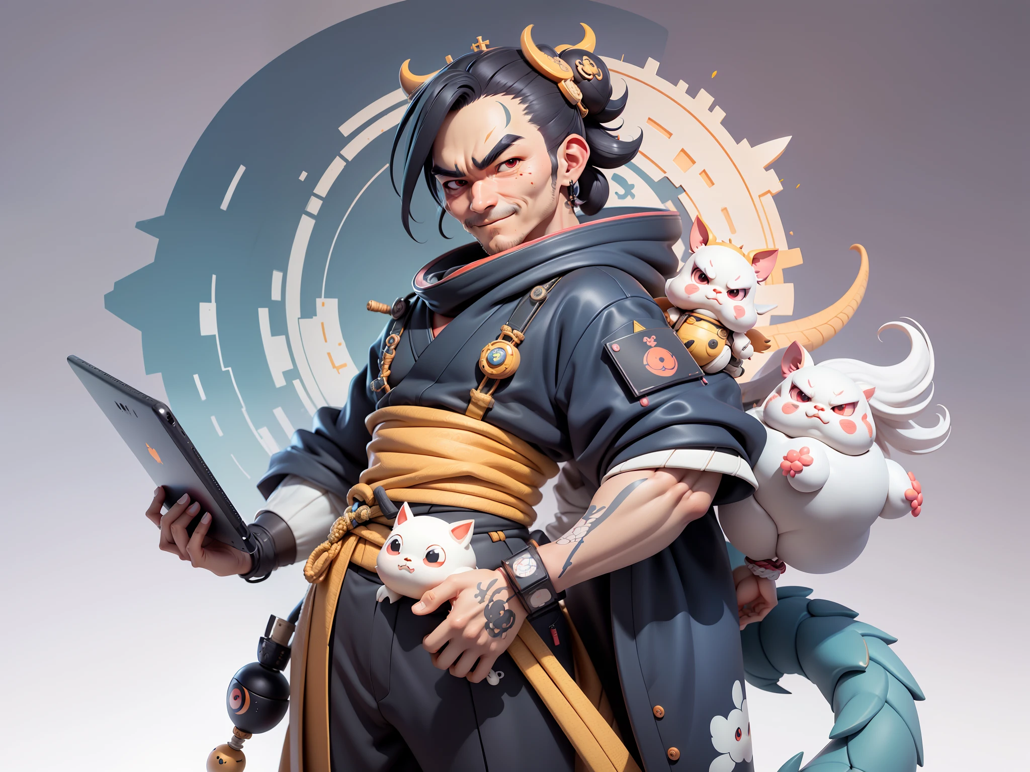 (Daisaku),(Need),(Super meticulous),(full bodyesbian:1.2),Japanese ukiyo-e girl，japanese geisha，Beautiful，Oriental dragon，Aeolian Thor，Raised sexy，爆乳，Oriental face，TV Anchor，Bust portrait illustration，Alone，In black suit，a blue tie，The face is slightly chubby，The face was clean，without a beard，Black super short hair，Black eyes，Smile confidently，3C computer sub-products，iPad， iphone，Digital painting，3D character design by Mark Clairen and Pixar and Hayao Miyazaki and Akira Toriyama，The illustration is a high-definition illustration in 4K resolution，With very detailed facial features and cartoon-style visuals。