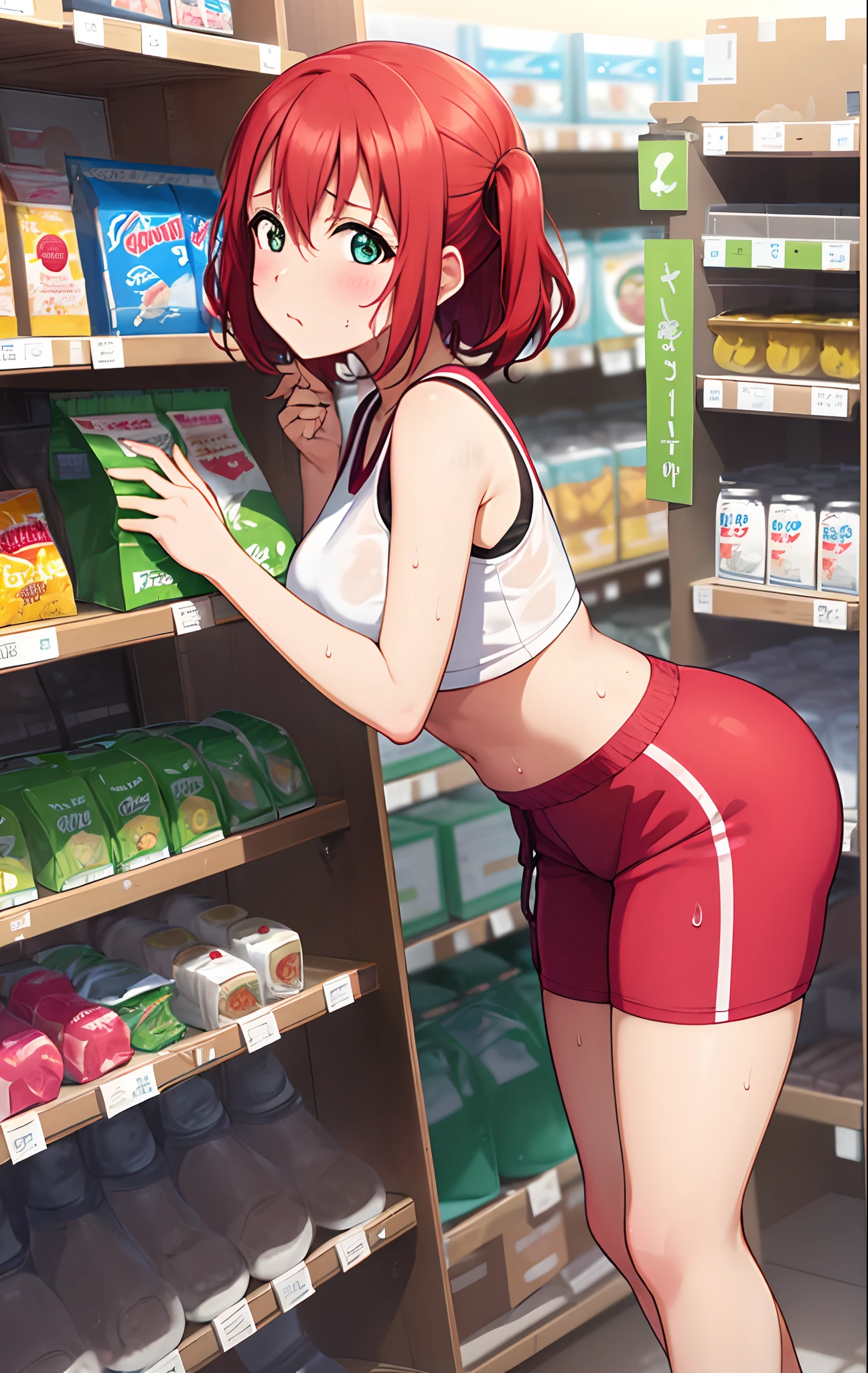 Kurosawa ruby,pink Crop top, white tight shorts,soaked in sweat,sweaty,  heavy breathing,red face,blunt hair,curvy body, standing in supermarket , from behind, leaning forward, hands on knees