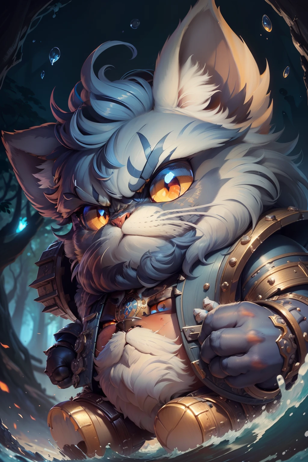 Hyperdetailed Painting, Jean-Baptiste Monge Style, Anthropomorphic Persian Cat, knight, muscular ,detailed pupils ,dark blue hair, blue and red armor, kubrik stare, pale skin, greaves, dagger, dual wielding , High Quality, Very Angry Face, Body Fitness, Full Body, Long Hair with Braids, Night in the forest with fireflies,