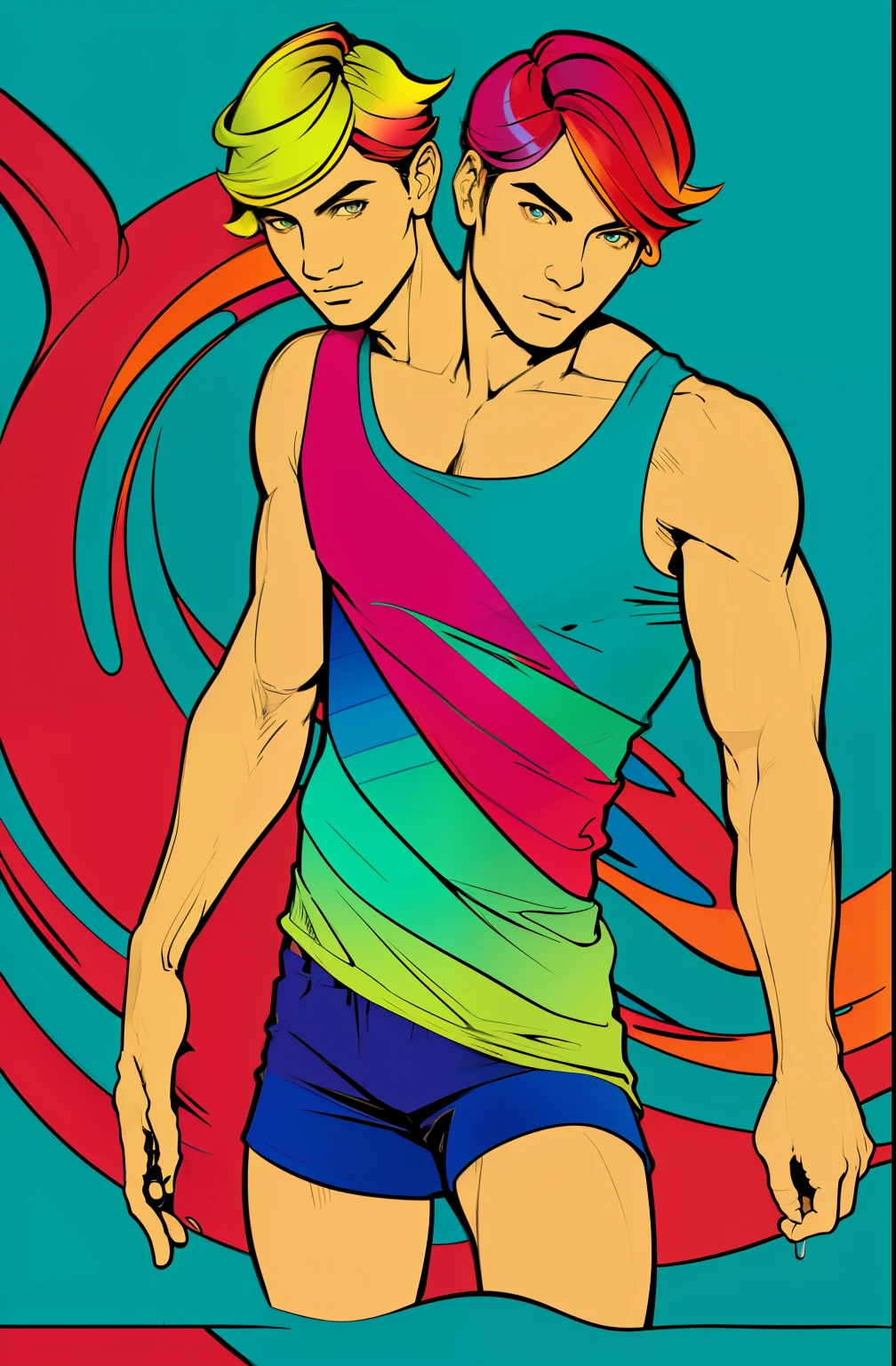 (2heads),(masterpiece, award winning, best quality:1.3), (flat color:1.3),(colorful:1.3),looking at viewer,1boy,((solo)),floating in colorful water,(2D:1.3), perfect lighting, perfect shading, (realistic:1.2), (mature adult:1.27), (dynamic pose), detailed, intricate, beautiful, gorgeous stunning, cinematic, epic, vey short shorts, tank top