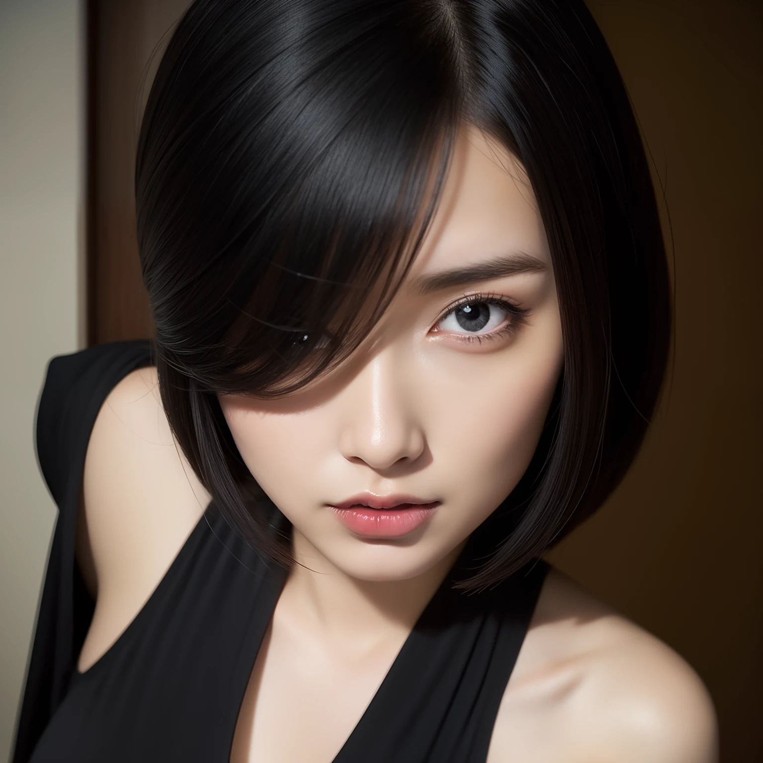 view from directly below, super high image, super detail, high resolution, anime, manga, illustration, beautiful woman, adult face, ecstatic expression, amorous expression, seductive look, glossy black straight hair, hair over one eye, sharp slit sparkling big black eyes, alluring moist red lips, huge breasts, under boob, great proportion, perfect proportion, slender, full body, black body suit, Japanese-style room
