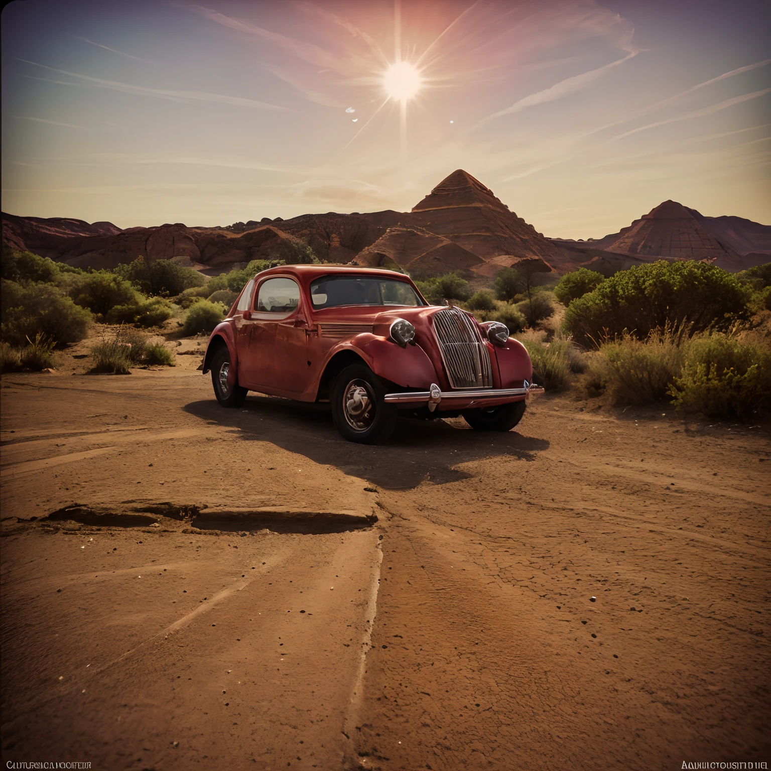 ((masterpiece)) analog photo, cinematic sunrise BREAK
( red car:1.3) ,  in epic desert  landscape,   BREAK
sandstone old  valley, aztec pyramid