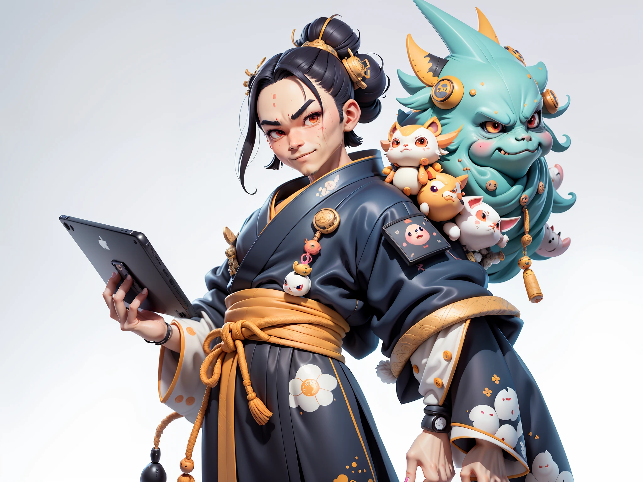(Daisaku),(Need),(Super meticulous),(full bodyesbian:1.2),Japanese ukiyo-e girl,japanese geisha,Beautiful,Oriental dragon,Aeolian Thor,Raised sexy,爆乳,Oriental face,TV Anchor,Bust portrait illustration,Alone,In black suit,a blue tie,The face is slightly chubby,The face was clean,without a beard,Black super short hair,Black eyes,Smile confidently,3C computer sub-products,iPad, iphone,Digital painting,3D character design by Mark Clairen and Pixar and Hayao Miyazaki and Akira Toriyama,The illustration is a high-definition illustration in 4K resolution,With very detailed facial features and cartoon-style visuals。
