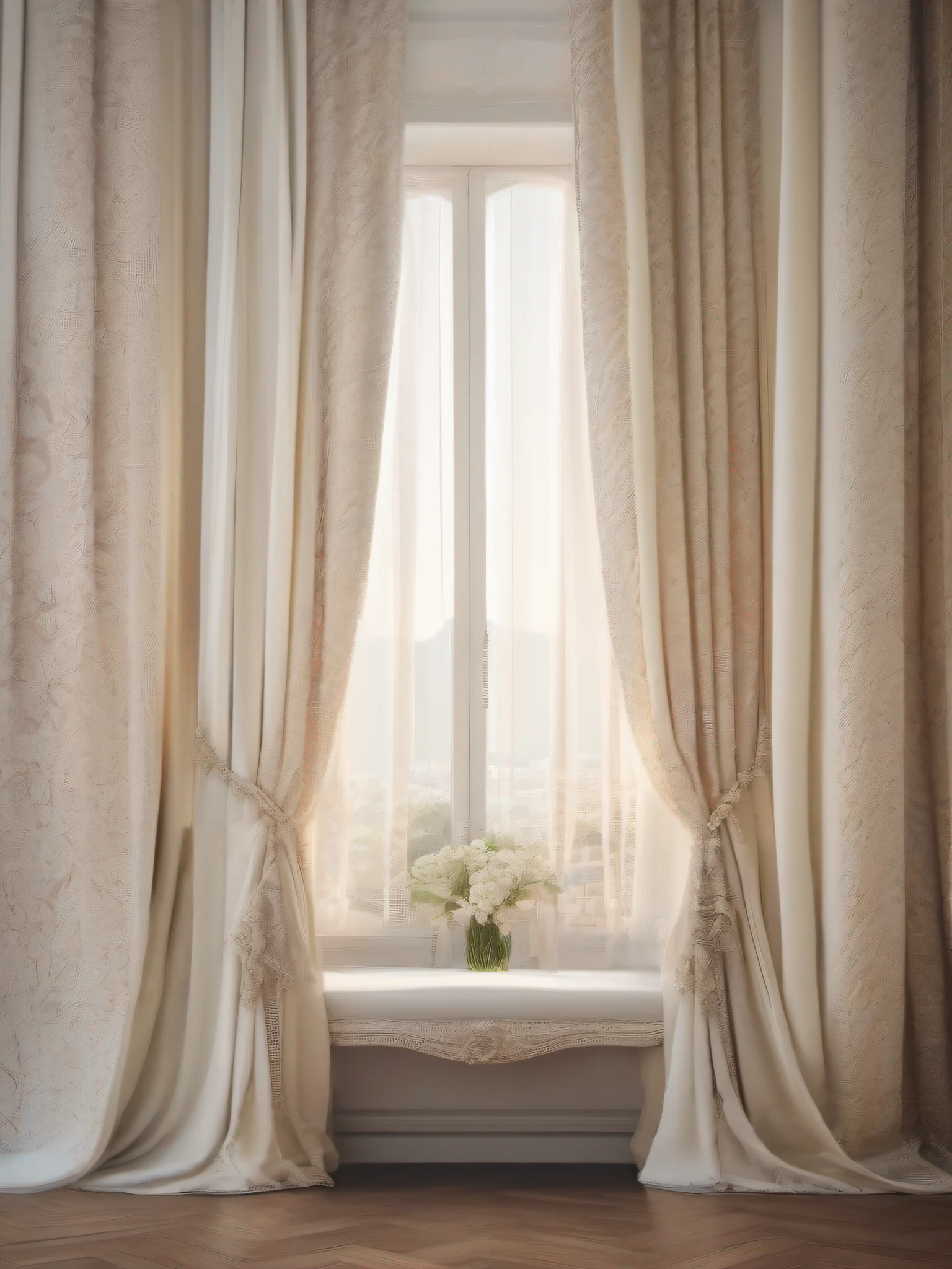 Creamy curtains with broken patterns,Texture,Indoor view,White clean walls,(symetrical composition:1.5),Epic composition,Soft light,offcial art,tmasterpiece,best qualtiy,8k