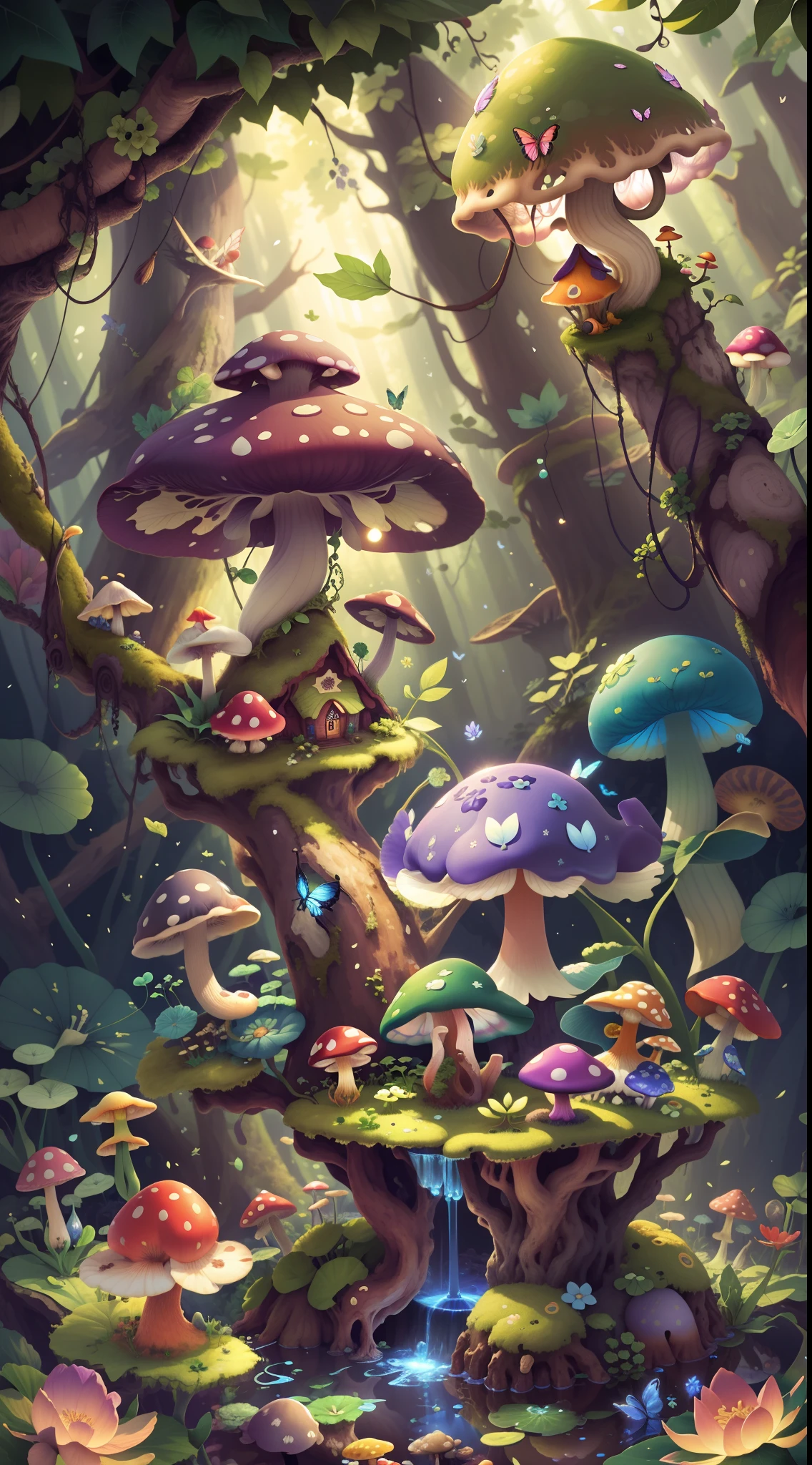 Mushroom forest with glass goblet，s fractal art，morning glory，butterflys，lotuses，four-leaf clover，morning glory，Cyber Mushroom Forest，Ultra-detailed digital fantasy art。Mushrooms are everywhere in the picture，The unique mushroom shape creates a magical casa scene