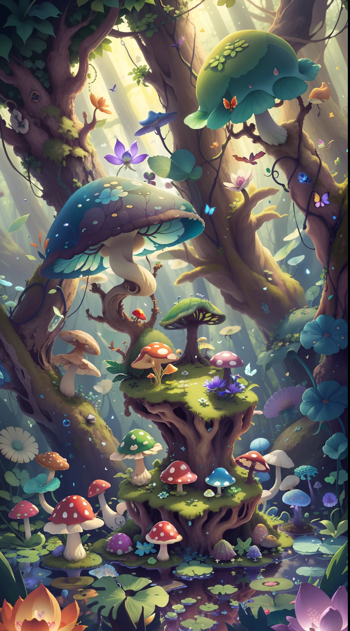 Mushroom forest with glass goblet,s fractal art,morning glory,butterflys,lotuses,four-leaf clover,morning glory,Cyber Mushroom Forest,Ultra-detailed digital fantasy art。Mushrooms are everywhere in the picture,The unique mushroom shape creates a magical casa scene