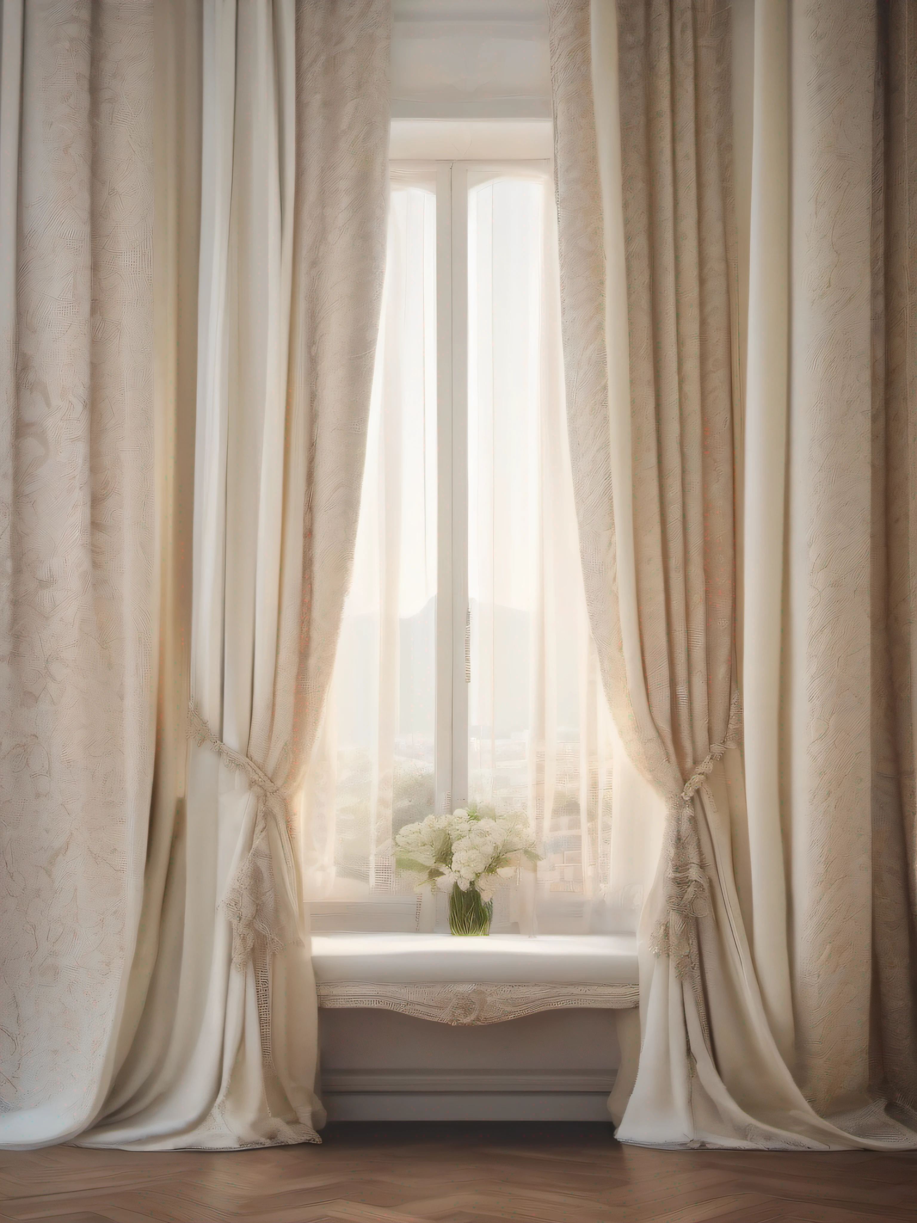 Creamy curtains with broken patterns,Texture,Indoor view,White clean walls,(symetrical composition:1.5),Epic composition,Soft light,offcial art,tmasterpiece,best qualtiy,8k