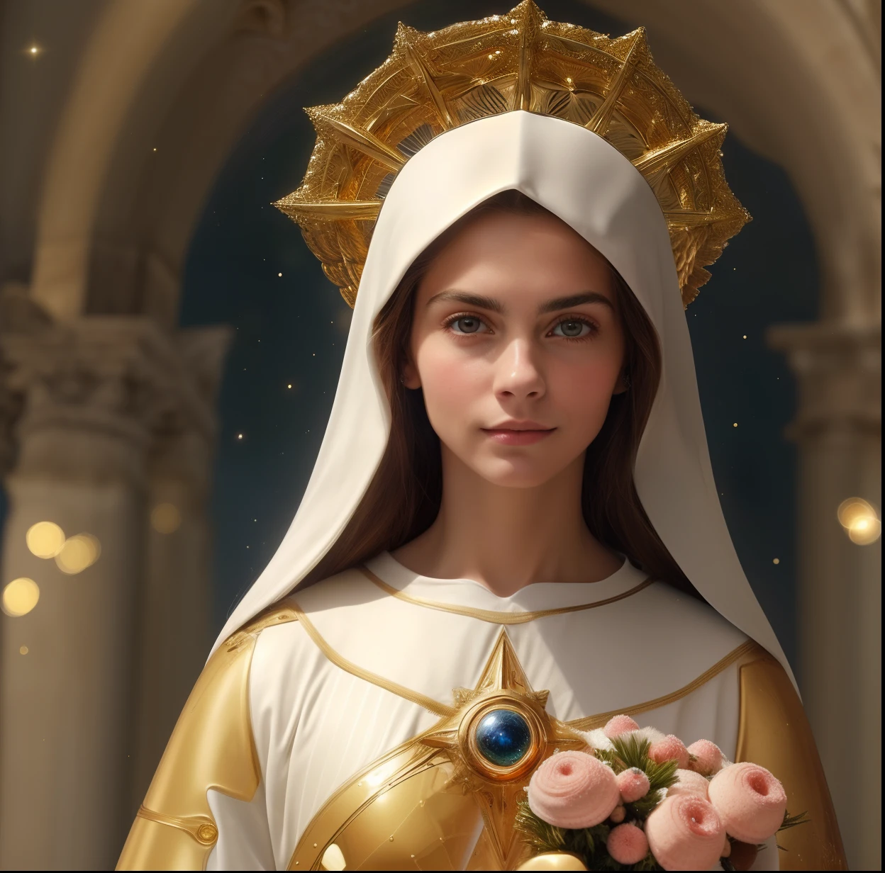 (((Holy GUARDIAN ANGEL. 19 years old))) ((( Con una cara seria y piadosa. Con una mirada dulce y tierna))) (obra maestra, calidad superior, mejor calidad, arte oficial, beautiful and aesthetic: 1.2), (1girl), extremadamente detallado, (Arte fractal: 1.3), colorido, highest detailed, Cara perfecta, parte superior del cuerpo, HDR, (orando: 1.3), (golden lines of white coat: 1.2), galaxia, (rayas de luz), eye-catching visuals, (dynamic stripes, senderos luminosos: 1.2), colores vibrantes,