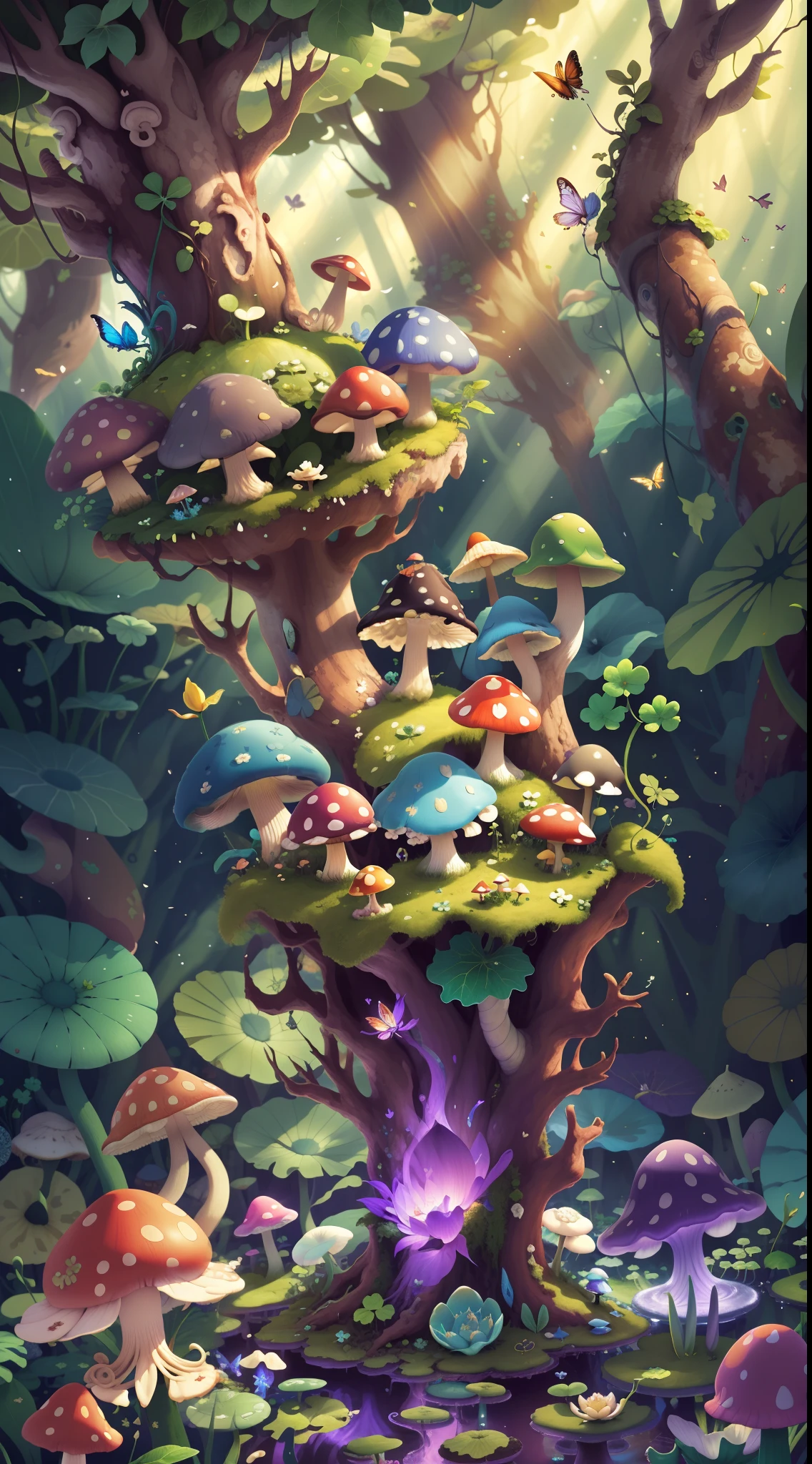 Mushroom forest with glass goblet,s fractal art,morning glory,butterflys,lotuses,four-leaf clover,morning glory,Cyber Mushroom Forest,Ultra-detailed digital fantasy art。Mushrooms are everywhere in the picture,The unique mushroom shape creates a magical casa scene