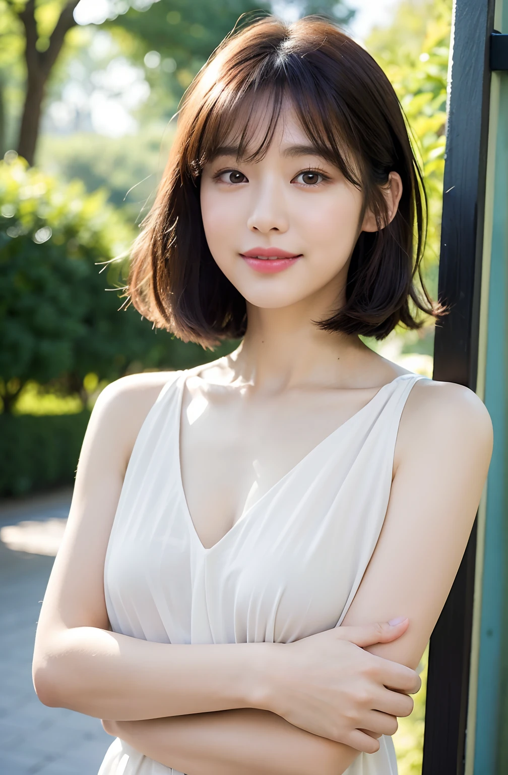 ((8K:1.27)、top-quality、​masterpiece、超A high resolution:1.2)Photo beautiful Chinese woman(pleasing:1.1) (The shirt:1.21) Elegance、There is a good、Gradient lighting、1girl in、Delicate skin、Look here、Brown-eyed、(short hair with bangs:1.2)、(Medium chest:1.0)、(medium areola:0.8)、(realisitic:1.4)、(top-quality:1.0)、(超A high resolution:1.0)、8K、Raw photography、(​masterpiece:0.2)、(pureerosface_v1:0.5)、 You can clearly see the shape of the chest、Halter neck sweater、Sleeveless、Beige、moderno、Sleeveless、Kamimei、excited expressions、Red cheeks、want me、Staring at this、erect through、the morning sun、The sun is dazzling、Omotesando、Street Trees、Fashionable city、subject、Lean、、Watched、smil、