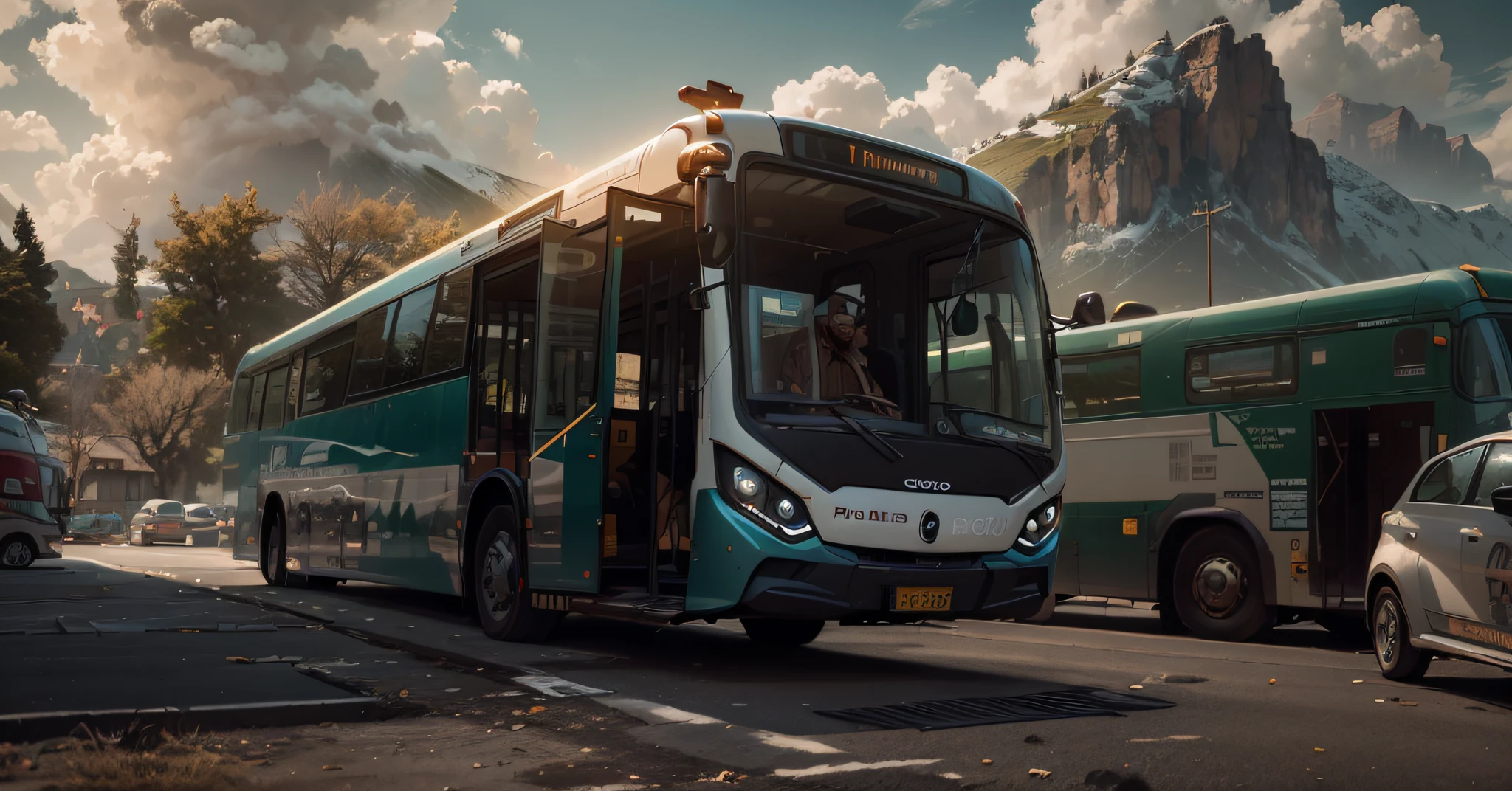 futuristic bus, montanhas de gelo de fundo, frio, freezing, Castelos de gelo, estradas, gelo reflexivo, Post modern, detalhes intrincados, Magnificent, cinemactic, high resolution, 4k,
