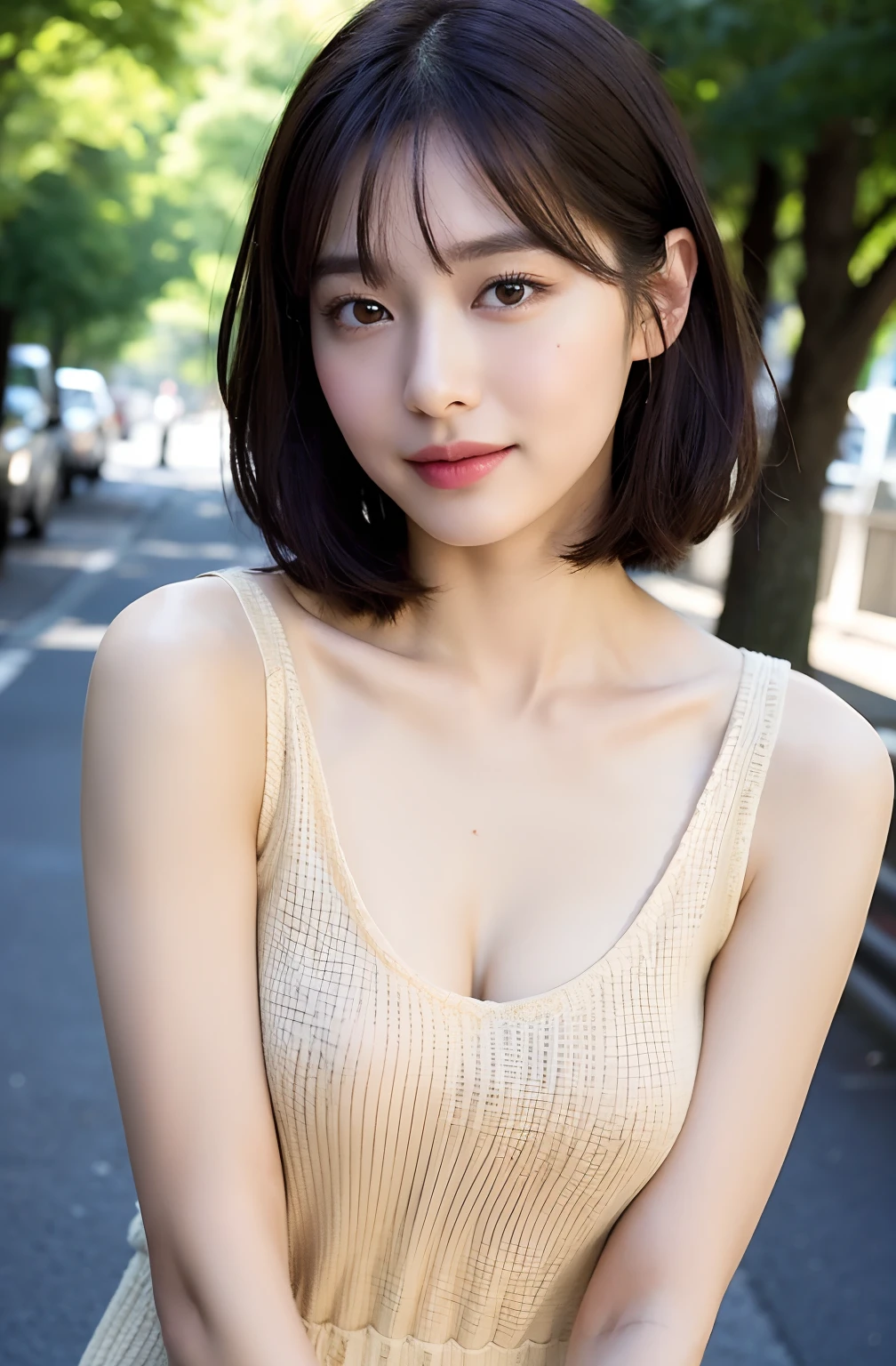 ((8K:1.27)、top-quality、masterpiece、超A high resolution:1.2)Photo beautiful Chinese woman(pleasing:1.1) (The shirt:1.21) Elegance、There is a good、Gradient lighting、1girl in、Delicate skin、Look here、Brown-eyed、(short hair with bangs:1.2)、(Medium chest:1.0)、(medium areola:0.8)、(realisitic:1.4)、(top-quality:1.0)、(超A high resolution:1.0)、8K、Raw photography、(masterpiece:0.2)、(pureerosface_v1:0.5)、 You can clearly see the shape of the chest、Halter neck sweater、Sleeveless、Beige、moderno、Sleeveless、Kamimei、excited expressions、Red cheeks、want me、Staring at this、erect through、the morning sun、The sun is dazzling、Omotesando、Street Trees、Fashionable city、subject、Lean、、Watched、smil、