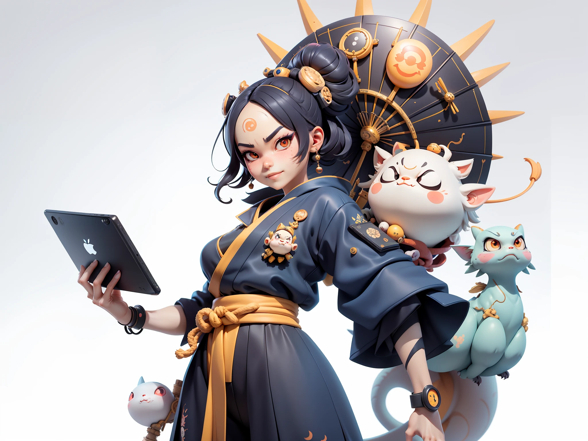 (Daisaku),(Need),(Super meticulous),(full bodyesbian:1.2),Japanese ukiyo-e girl,japanese geisha,Beautiful,Oriental dragon,Aeolian Thor,Raised sexy,爆乳,Oriental face,TV Anchor,Bust portrait illustration,Alone,In black suit,a blue tie,The face is slightly chubby,The face was clean,without a beard,Black super short hair,Black eyes,Smile confidently,3C computer sub-products,iPad, iphone,Digital painting,3D character design by Mark Clairen and Pixar and Hayao Miyazaki and Akira Toriyama,The illustration is a high-definition illustration in 4K resolution,With very detailed facial features and cartoon-style visuals。