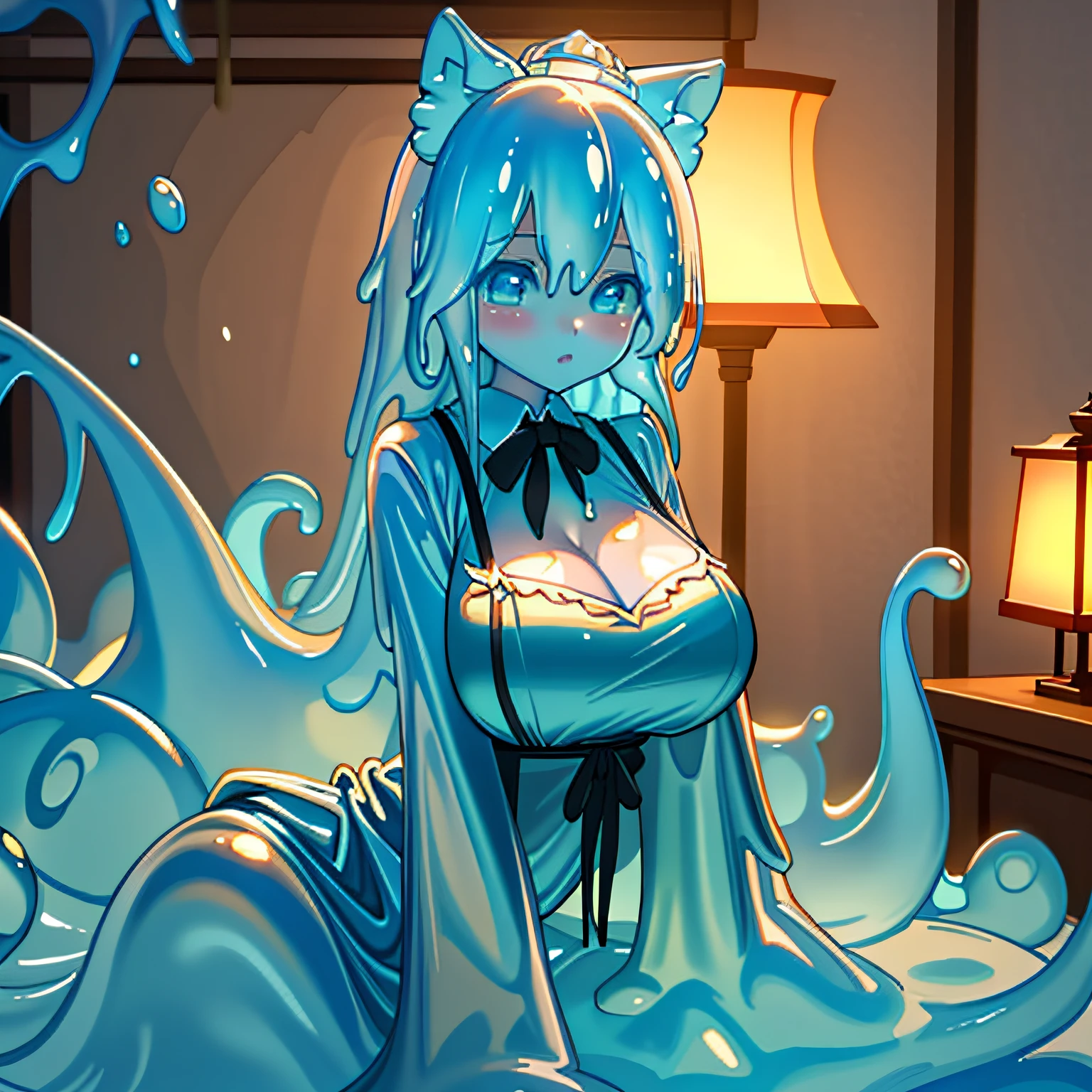 （tmasterpiece），best qualtiy，1girll，独奏，slime girl，lamplight，Bedrooms，Lori huge breasts cleavage，Blue slime girl，number art，big breasts beautiful，illustration，Popular on artstation，featured on pixiv。