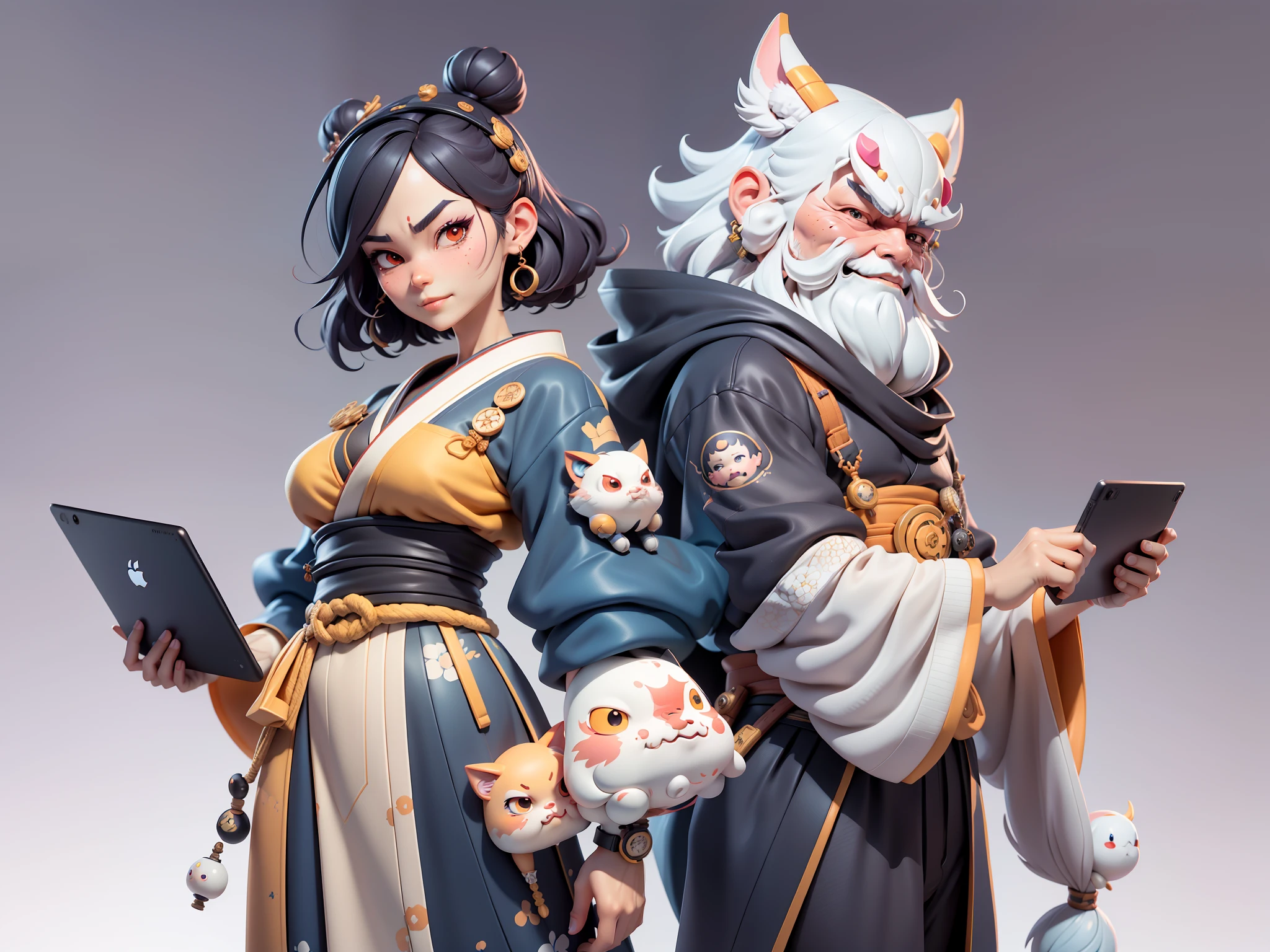 (Daisaku),(Need),(Super meticulous),(full bodyesbian:1.2),Japanese ukiyo-e girl,japanese geisha,Beautiful,Oriental dragon,Aeolian Thor,Raised sexy,爆乳,Oriental face,TV Anchor,Bust portrait illustration,Alone,In black suit,a blue tie,The face is slightly chubby,The face was clean,without a beard,Black super short hair,Black eyes,Smile confidently,3C computer sub-products,iPad, iphone,Digital painting,3D character design by Mark Clairen and Pixar and Hayao Miyazaki and Akira Toriyama,The illustration is a high-definition illustration in 4K resolution,With very detailed facial features and cartoon-style visuals。