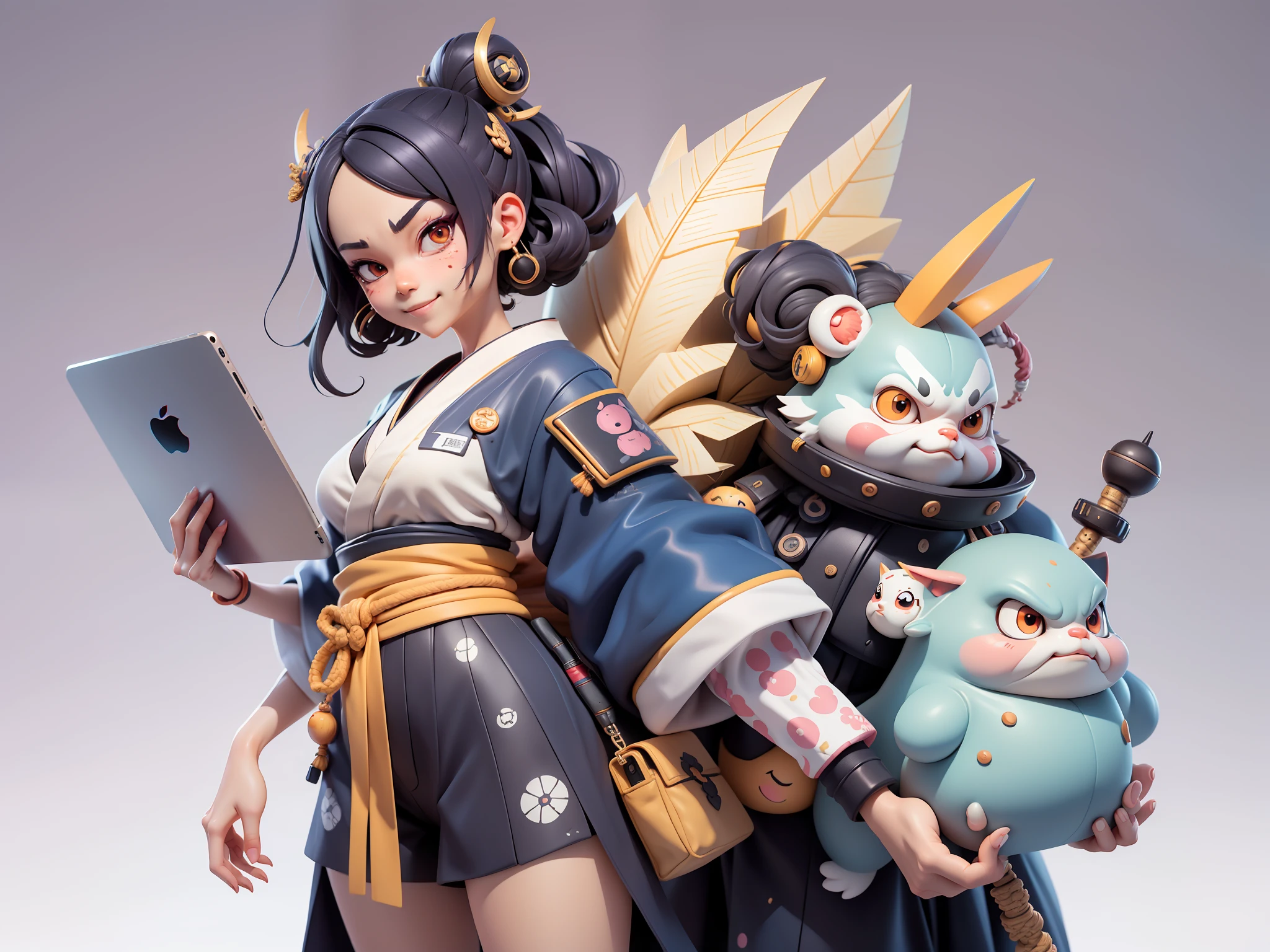 (Daisaku),(Need),(Super meticulous),(full bodyesbian:1.2),Japanese ukiyo-e girl,japanese geisha,Beautiful,Oriental dragon,Aeolian Thor,Raised sexy,爆乳,Oriental face,TV Anchor,Bust portrait illustration,Alone,In black suit,a blue tie,The face is slightly chubby,The face was clean,without a beard,Black super short hair,Black eyes,Smile confidently,3C computer sub-products,iPad, iphone,Digital painting,3D character design by Mark Clairen and Pixar and Hayao Miyazaki and Akira Toriyama,The illustration is a high-definition illustration in 4K resolution,With very detailed facial features and cartoon-style visuals。