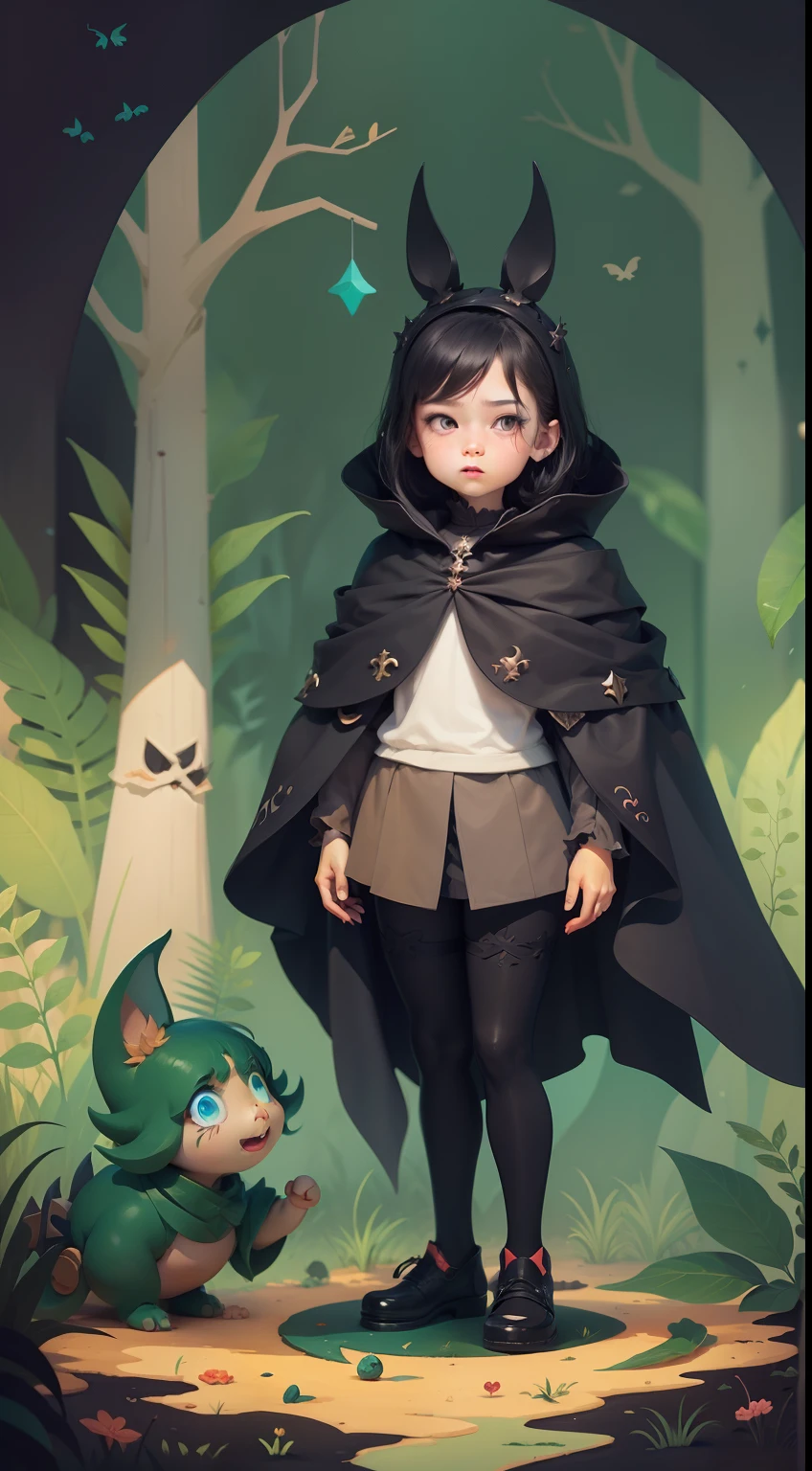 dark fantasy character, children's illustration, minimalistic, cartoon style, colorful, clean