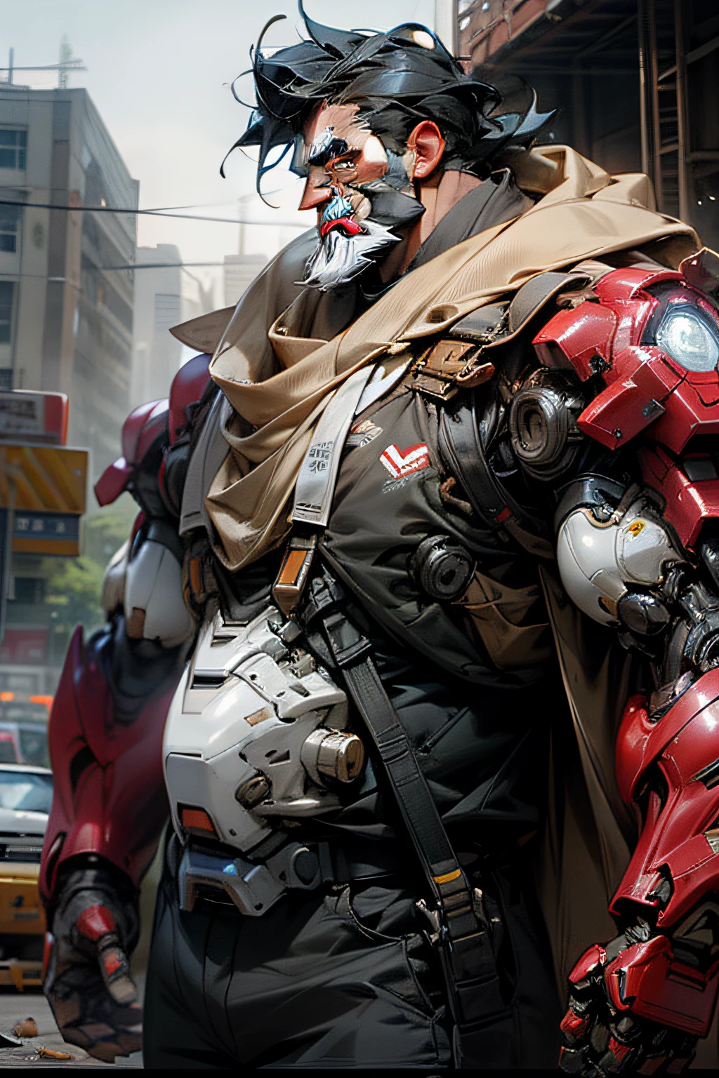fat guy，Iron Man，Construction site，frontage，The upper part of the body，Beard，There are scars on the eyebrows，Blue mech