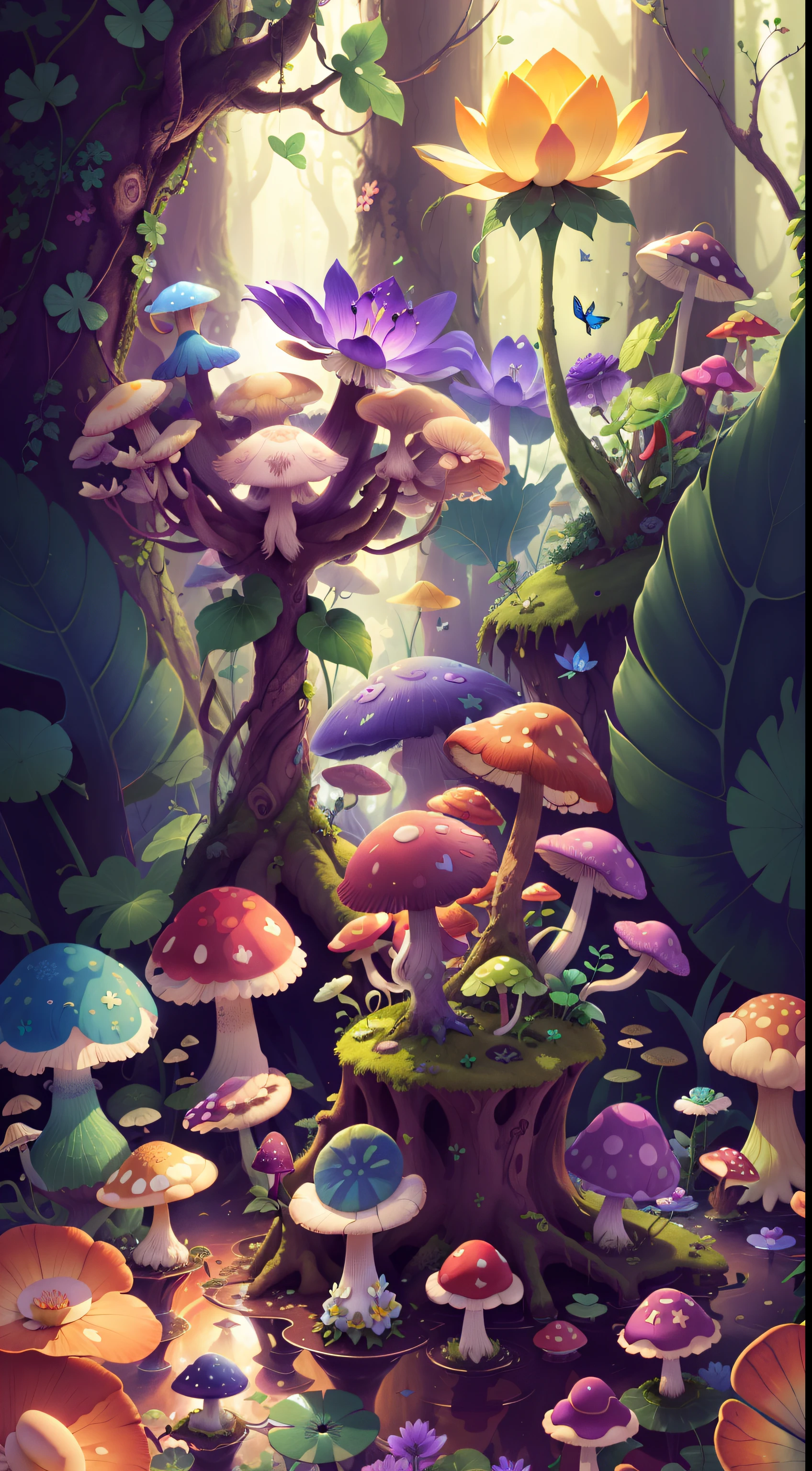 Mushroom forest with glass goblet,s fractal art,morning glory,butterflys,lotuses,four-leaf clover,morning glory,Cyber Mushroom Forest,Ultra-detailed digital fantasy art。Mushrooms are everywhere in the picture,The unique mushroom shape creates a magical casa scene