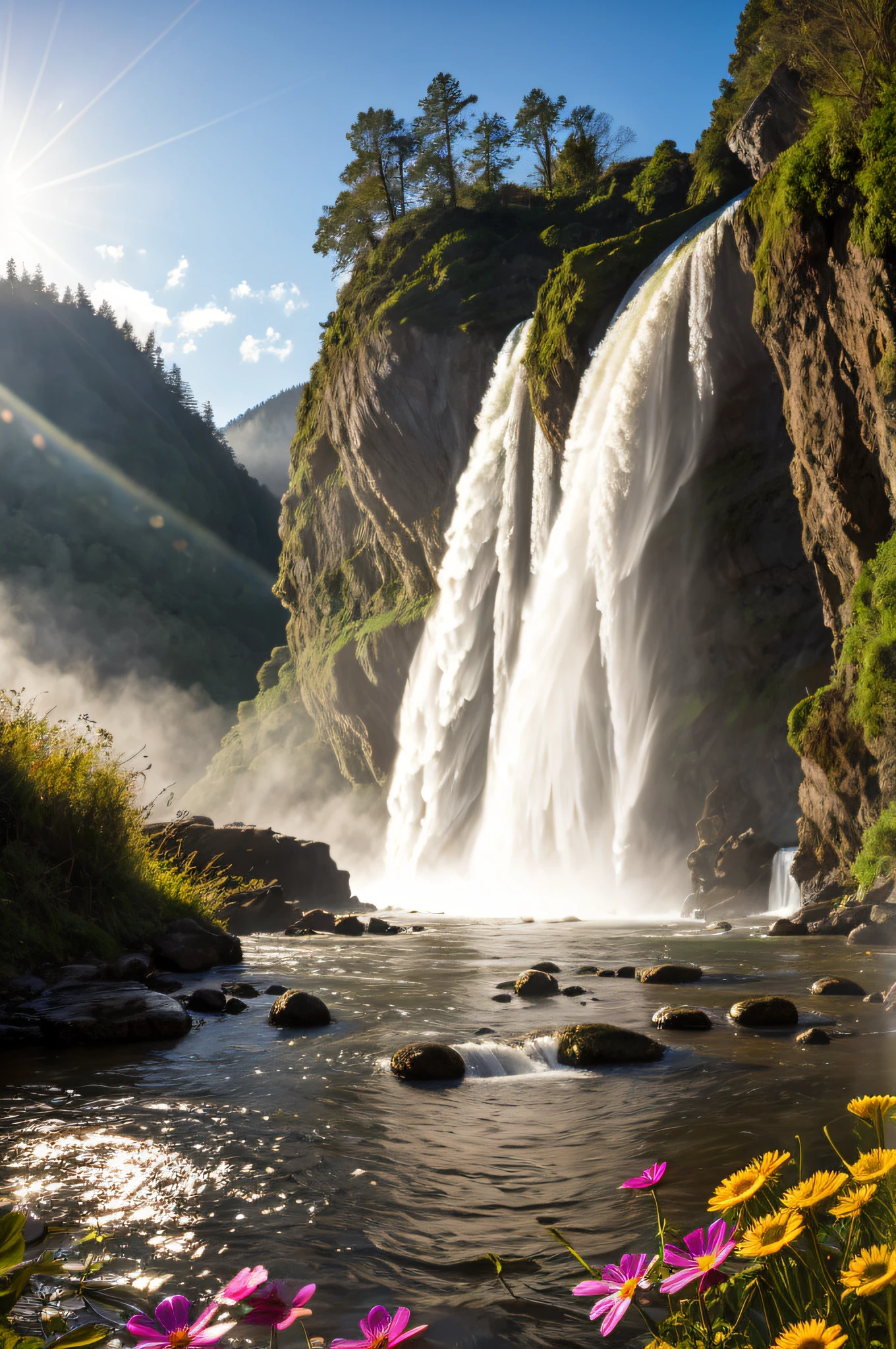 (Big waterfalls) butterflies, unicorn, fantasy, mermaids, forest, cliffs, wildflowers, fairies, hotsprings, Cinematic RAW photo, hyper real photo, ultrarealistic, 8k uhd, dslr, soft lighting, high quality, film grain, Fujifilm XT3, photographed on a Kodak Retina II Sanyo Xacti VPC-CA6, 50mm lens, Wide Angle, Sunrays shine upon it, HDR, hyper-realistic, colorgraded, volumetric lighting, [volumetric fog, moist], shallow depth of field, reflections, photo, deep water floating sparkling splashing rainbows, waves, flowing, glistening, iridescent, rainbow, glimmering, flowers, foam, wet, dripping, splashing, crystal jewels, treasure, steam, water, (masterpiece) (best quality) (detailed) (8k) (HDR) (wallpaper) (cinematic lighting) (sharp focus) (intricate)
