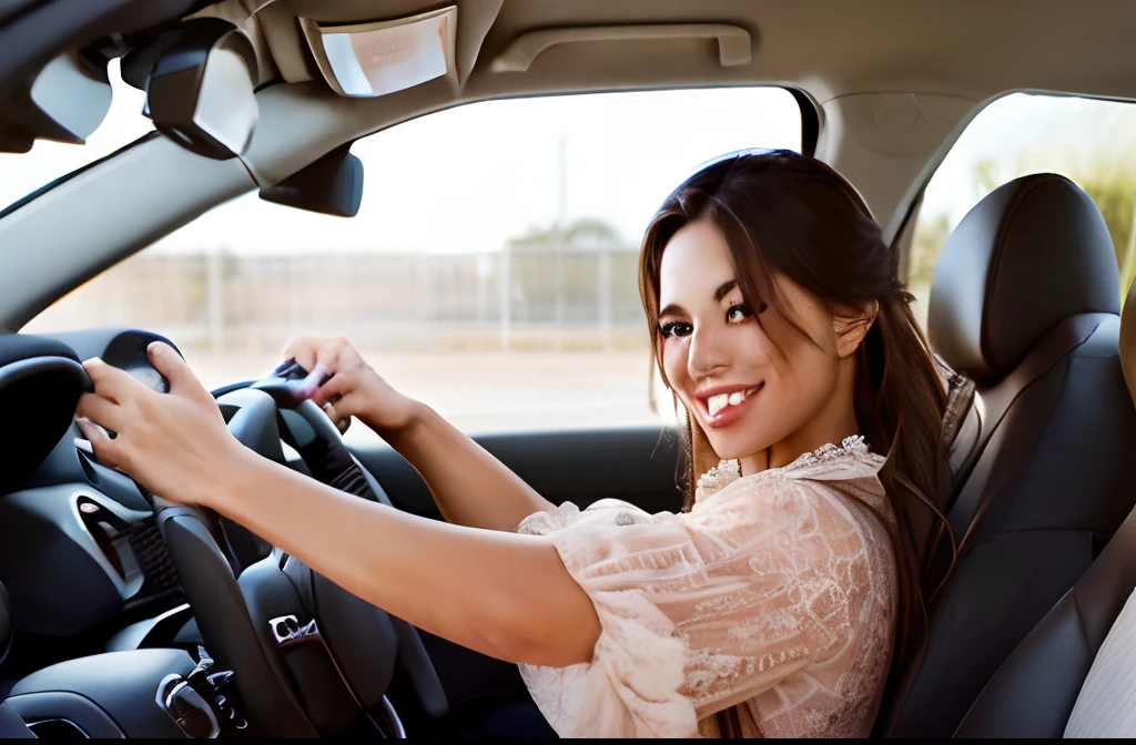 mulher dirigindo um carro. Hands are at the wheel!