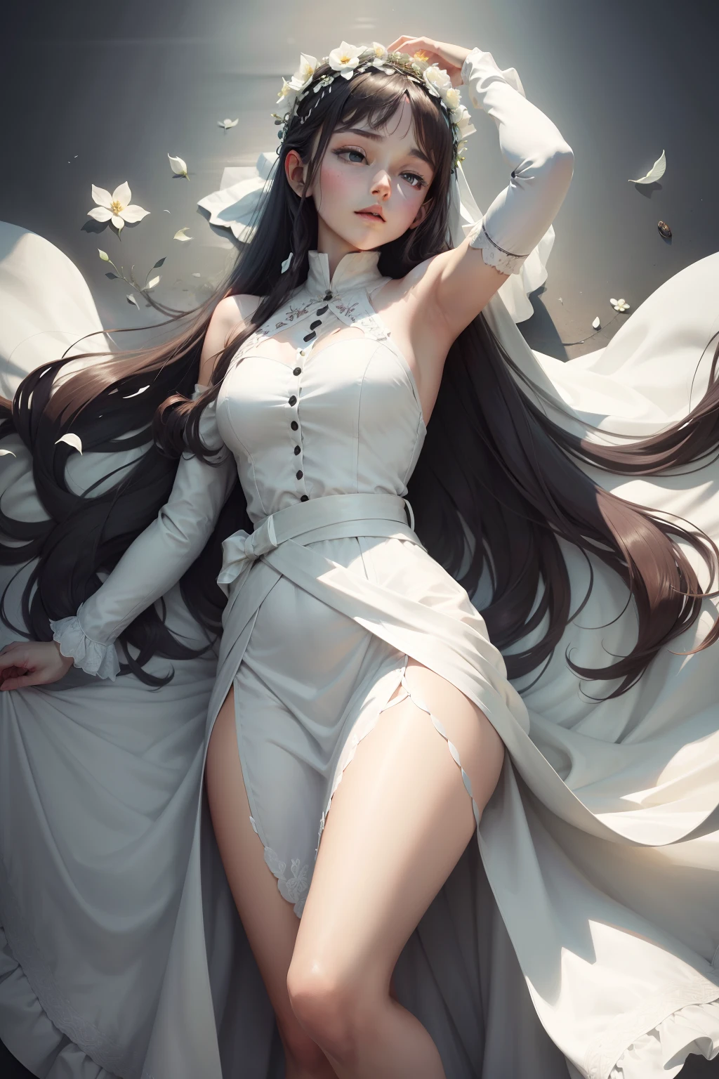 saintess,Solemnly pray,mistic,White ribbons flutter,Plain white long dress,Dark belt at waist,Wearing a flower crown on his head,opulent,high qulity,high detal