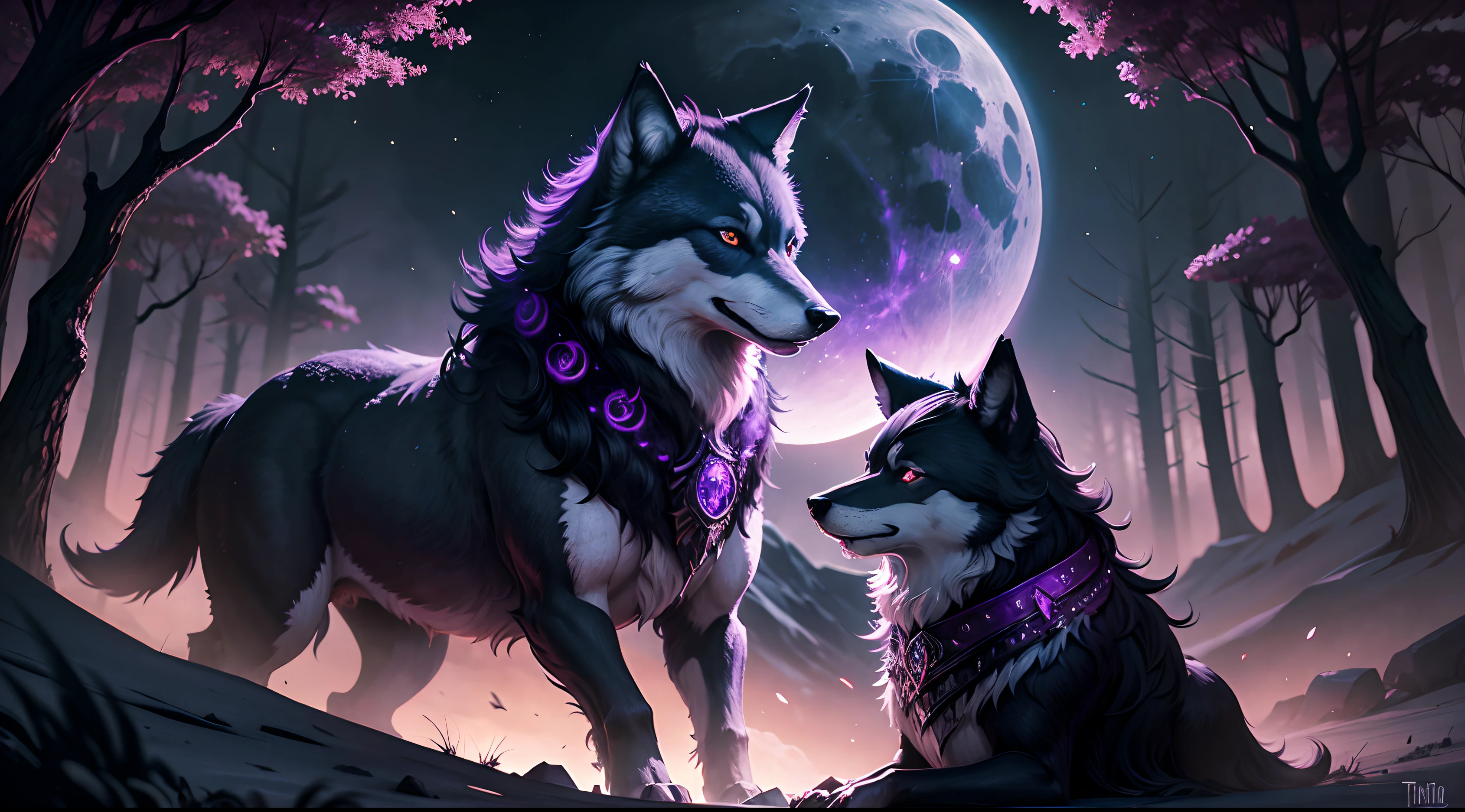 wolf, item, fantasy art,black fur with tints of purple, watching a black with tints of red raven flying above the wolf, they are friends, overlooking a moon lite forest, portrait, --auto