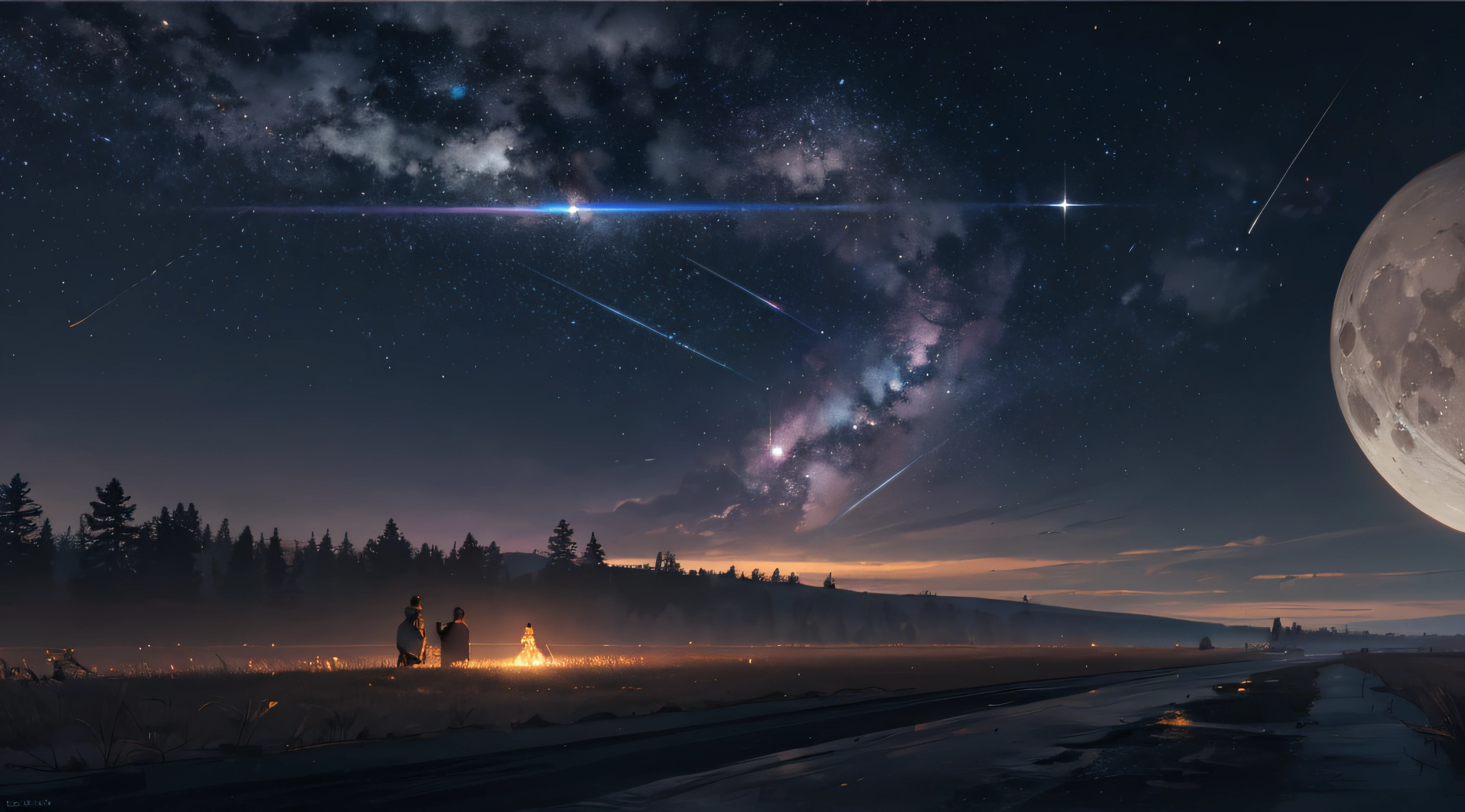 Expansive landscape photograph,(moon full:1.2),(meteors:0.9),(Starcloud:1.3),(Warm light source:1.2),(glowworm:1.2),lamp lights,Lots of purple and orange,Complicated details,Volumetriclighting,Realism BREAK(tmasterpiece:1.2),(best qualtiy),8K,Ultra-detailed,(dynamic compositions:1.4),The is very detailed,Colorful details,(Irridescent color:1.2),(luminouslighting,Atmospheric lighting),dream magical,magical,(独奏:1.2),((best qualtiy)), ((tmasterpiece)), (the detail:1.4),depth of fields,maximum definition and sharpness,perfectly proportions,Fluttering clouds,Wallpapers