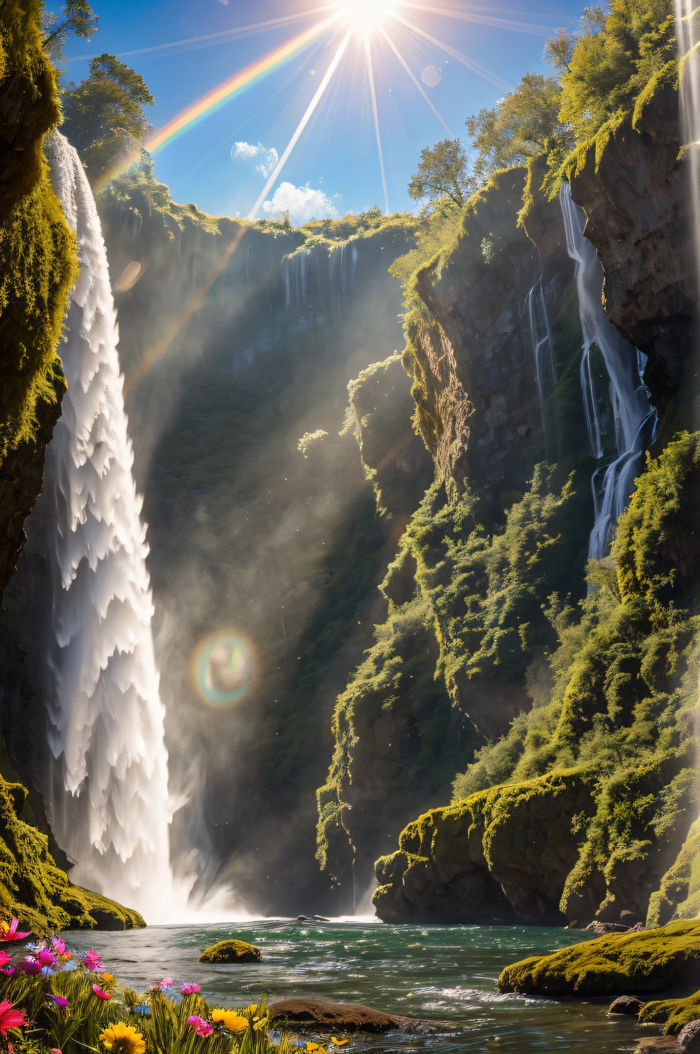 (Big waterfalls) butterflies, unicorn, fantasy, mermaids, forest, cliffs, wildflowers, fairies, hotsprings, Cinematic RAW photo, hyper real photo, ultrarealistic, 8k uhd, dslr, soft lighting, high quality, film grain, Fujifilm XT3, photographed on a Kodak Retina II Sanyo Xacti VPC-CA6, 50mm lens, Wide Angle, Sunrays shine upon it, HDR, hyper-realistic, colorgraded, volumetric lighting, [volumetric fog, moist], shallow depth of field, reflections, photo, deep water floating sparkling splashing rainbows, waves, flowing, glistening, iridescent, rainbow, glimmering, flowers, foam, wet, dripping, splashing, crystal jewels, treasure, steam, water, (masterpiece) (best quality) (detailed) (8k) (HDR) (wallpaper) (cinematic lighting) (sharp focus) (intricate)