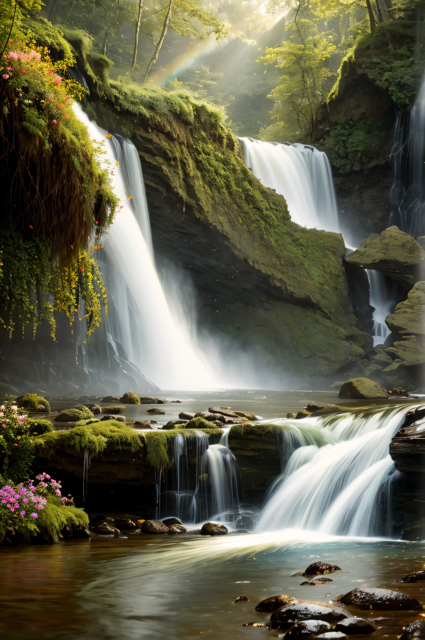 (Big waterfalls) butterflies, unicorn, fantasy, mermaids, forest, cliffs, wildflowers, fairies, hotsprings, Cinematic RAW photo, hyper real photo, ultrarealistic, 8k uhd, dslr, soft lighting, high quality, film grain, Fujifilm XT3, photographed on a Kodak Retina II Sanyo Xacti VPC-CA6, 50mm lens, Wide Angle, Sunrays shine upon it, HDR, hyper-realistic, colorgraded, volumetric lighting, [volumetric fog, moist], shallow depth of field, reflections, photo, deep water floating sparkling splashing rainbows, waves, flowing, glistening, iridescent, rainbow, glimmering, flowers, foam, wet, dripping, splashing, crystal jewels, treasure, steam, water, (masterpiece) (best quality) (detailed) (8k) (HDR) (wallpaper) (cinematic lighting) (sharp focus) (intricate)