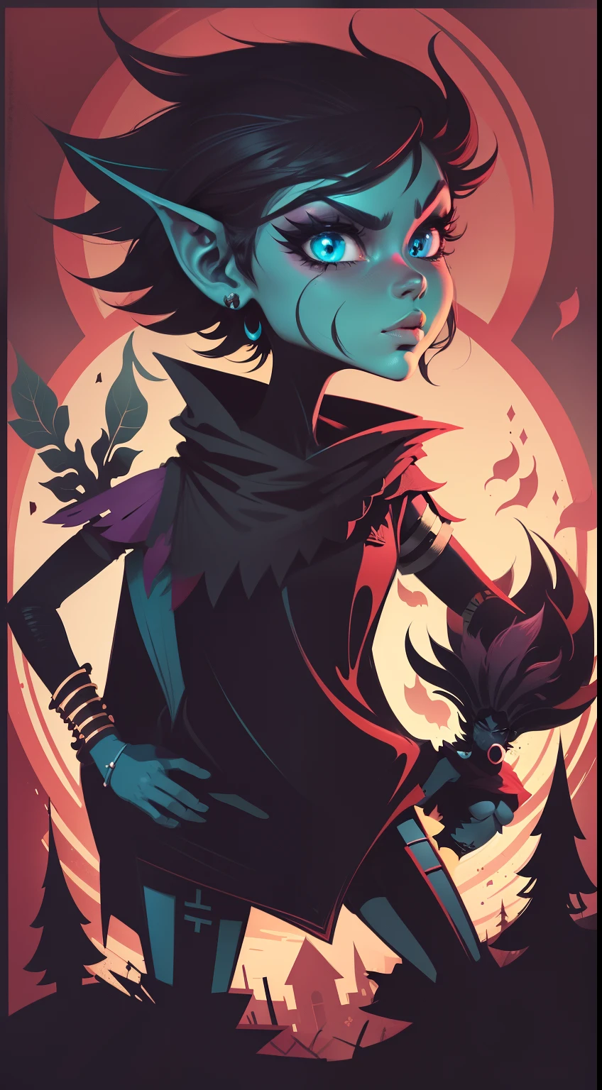 Create a vibrant dark fantasy character in a clean-lined minimalistic cartoon style.