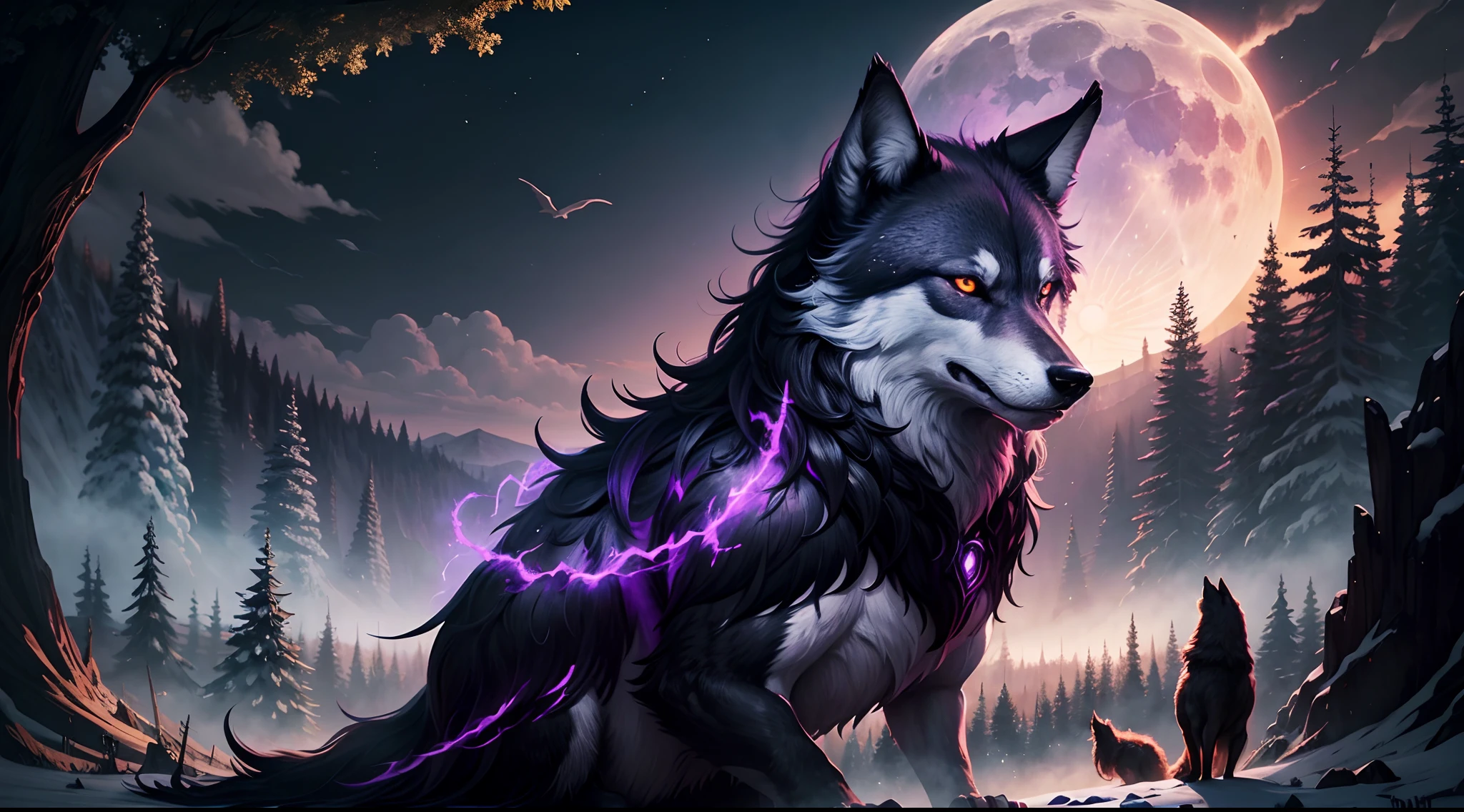 wolf, item, fantasy art,black fur with tints of purple, watching a black with tints of red raven flying above the wolf, they are friends, overlooking a moon lite forest, portrait, --auto