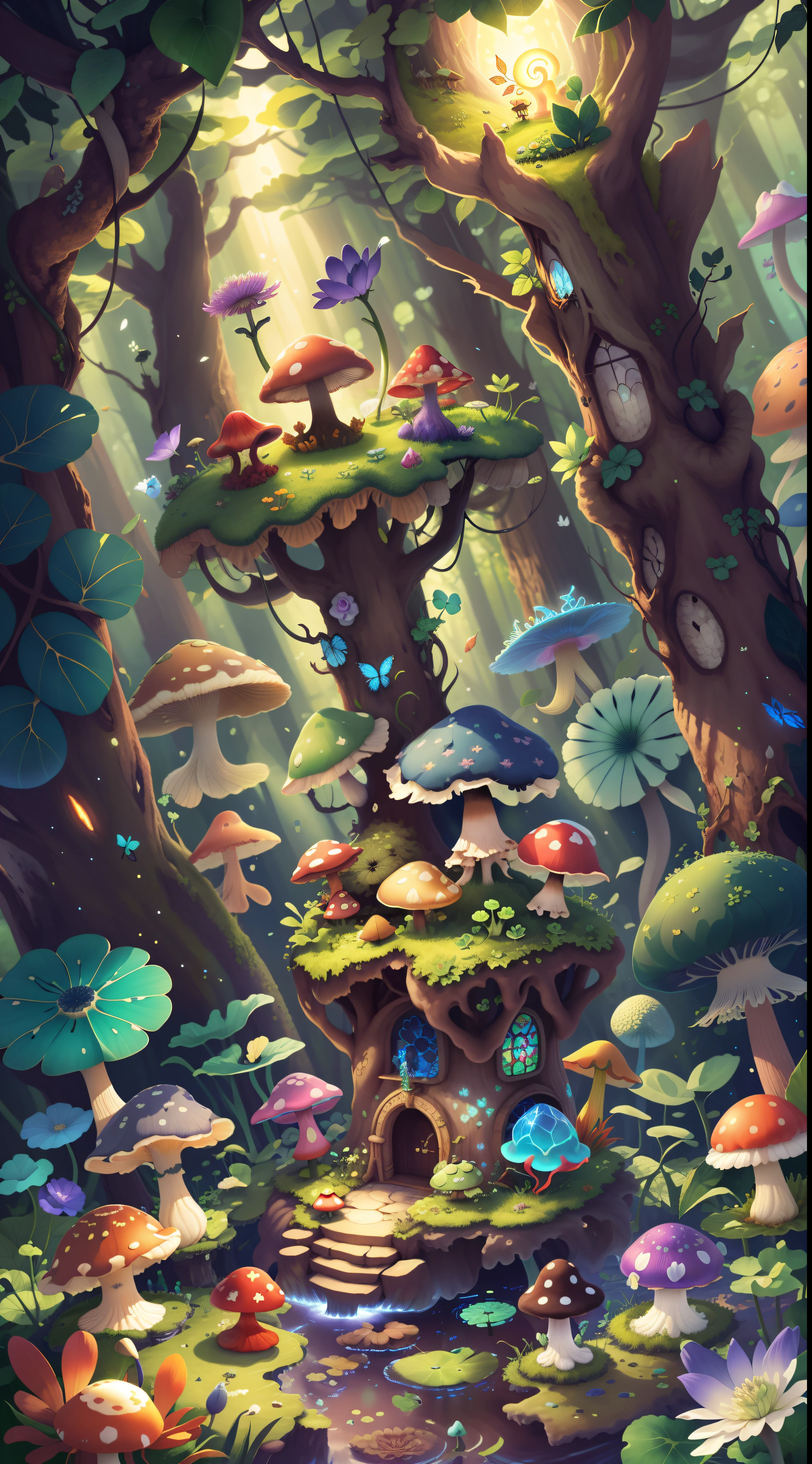 Mushroom forest with glass goblet，s fractal art，morning glory，butterflys，lotuses，four-leaf clover，morning glory，Cyber Mushroom Forest，Ultra-detailed digital fantasy art。Mushrooms are everywhere in the picture，The unique mushroom shape creates a magical casa scene