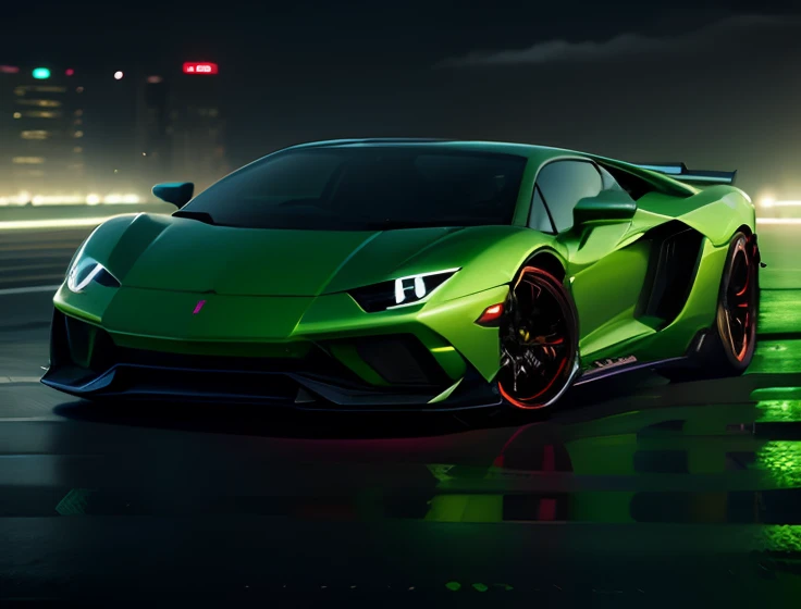 A frontal shot of a green LamboAvent at night, neon light under the car