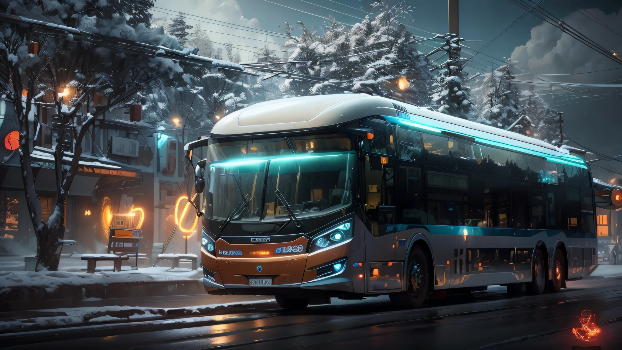 futuristic bus, montanhas de gelo de fundo, frio, freezing, Castelos de gelo, estradas, gelo reflexivo, Post modern, detalhes intrincados, Magnificent, cinemactic, high resolution, 4k,