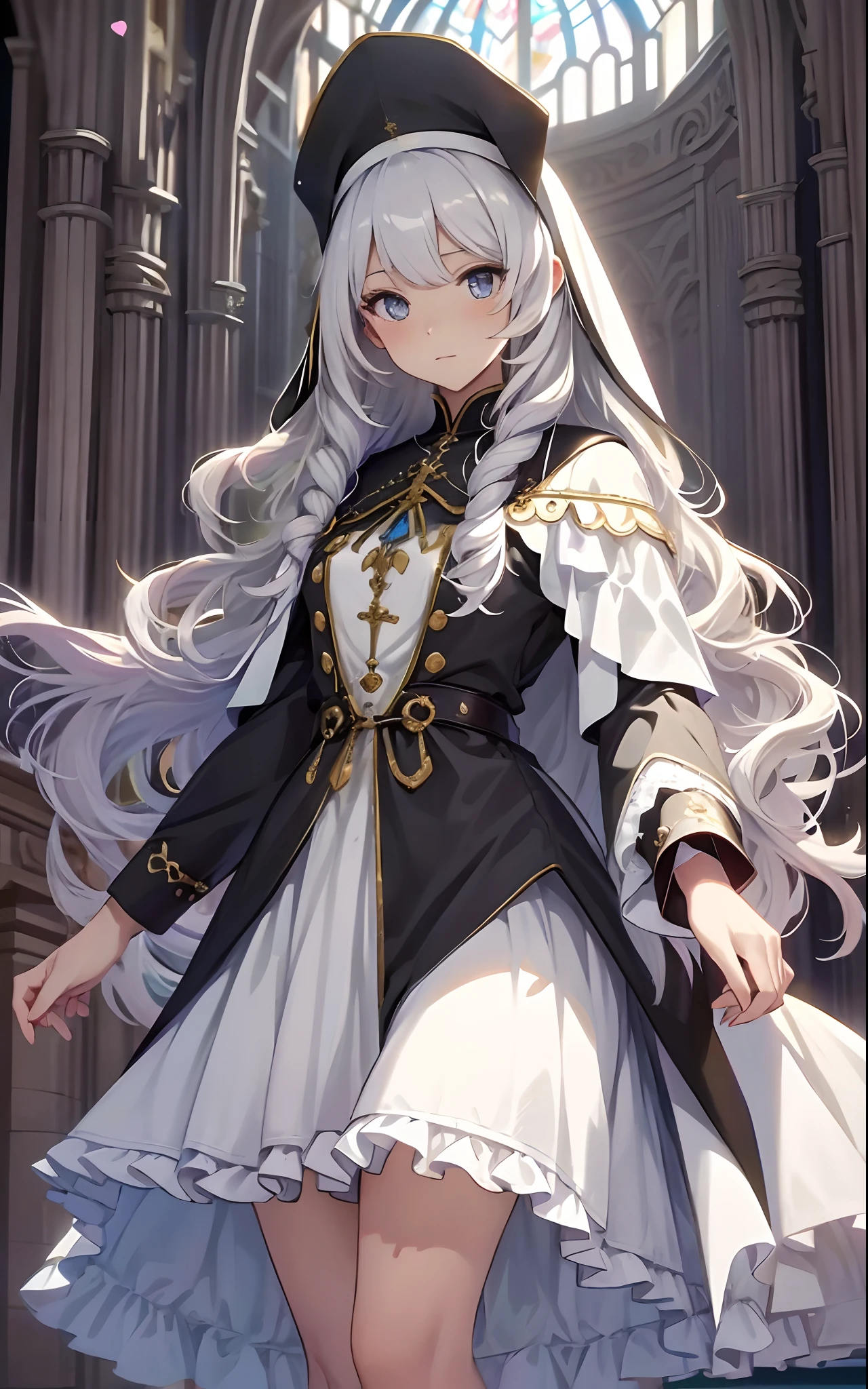 best qualityer,tmasterpiece,Ultimate resolution,downy,Extremely colorful,Colorful,saintess,silver-white long hair,curlies,a matural female,brassier,Nun dress,The kinky is exposed,cathedrals,Sanctuary,Normal posture
