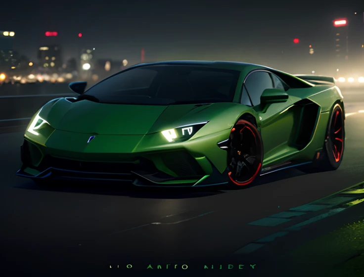 A frontal shot of a green LamboAvent at night, neon light under the car